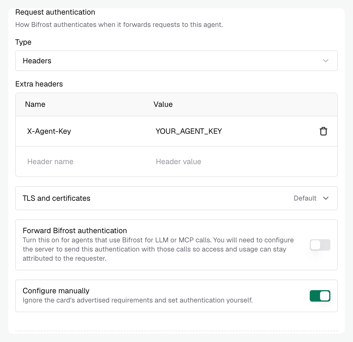 Manual authentication enabled with a custom X-Agent-Key header