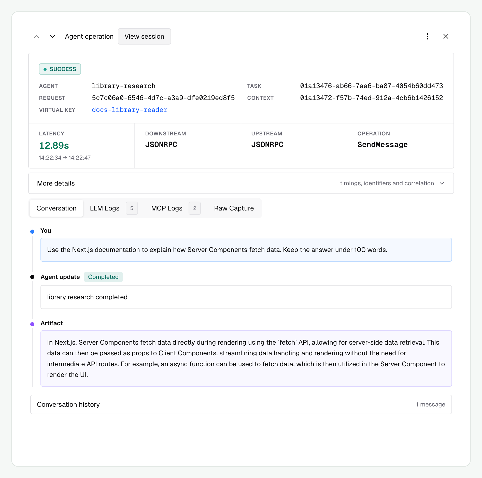 A SendMessage operation with its summary and Conversation tab visible