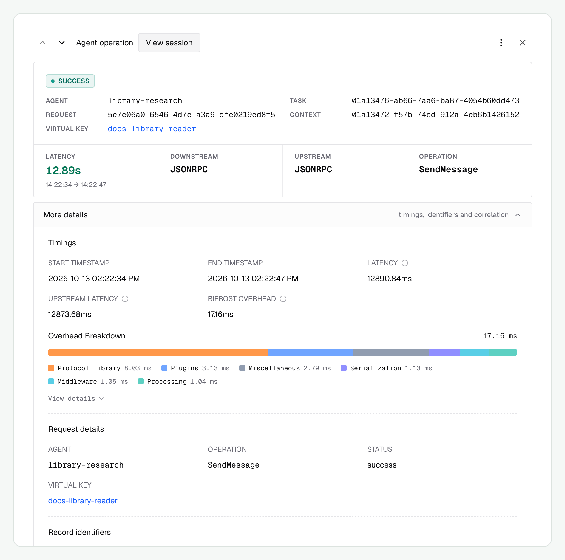An agent operation's timing breakdown with Protocol library, Processing, and other categories