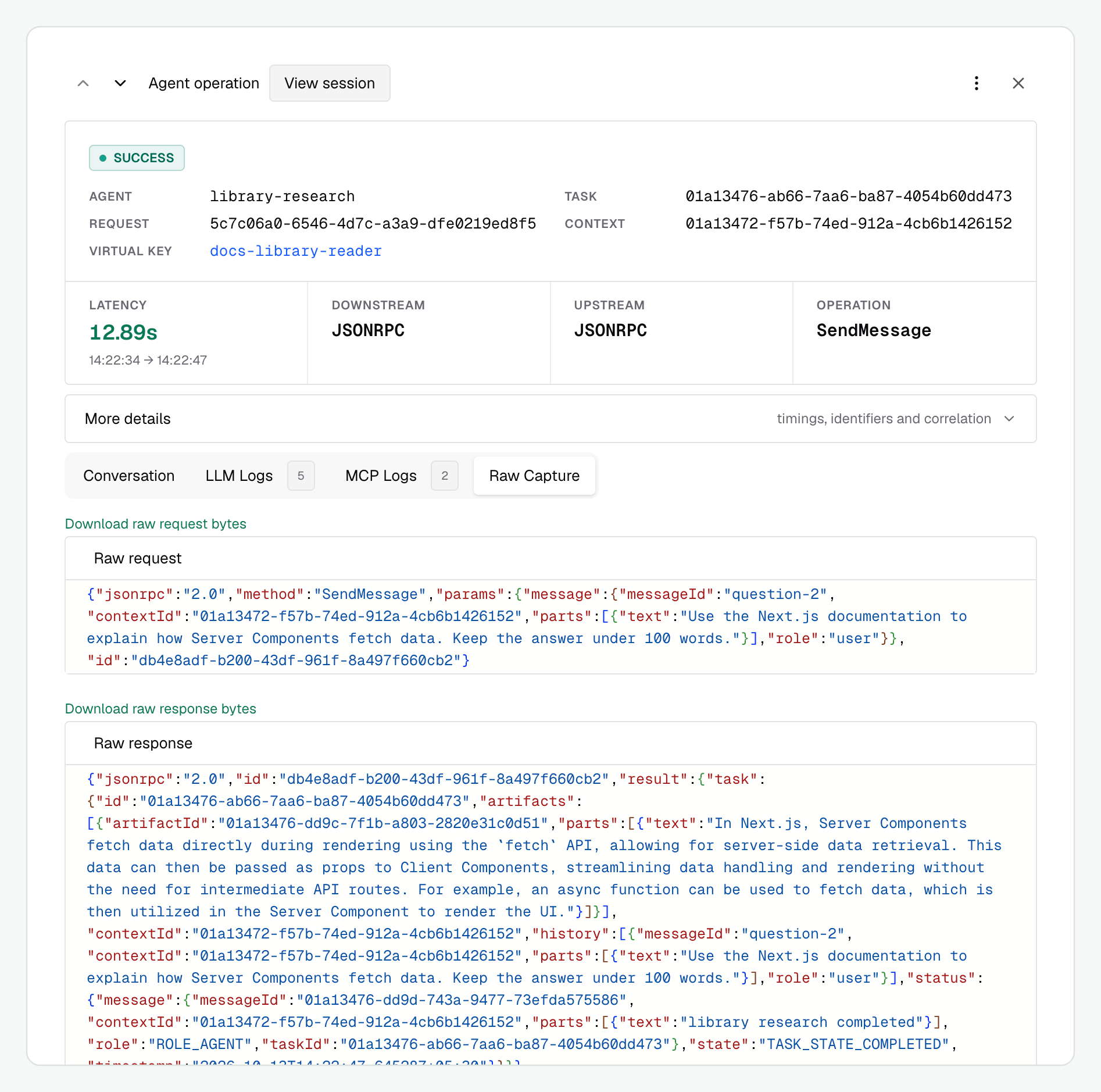 Raw Capture with separate request and response downloads for a research task