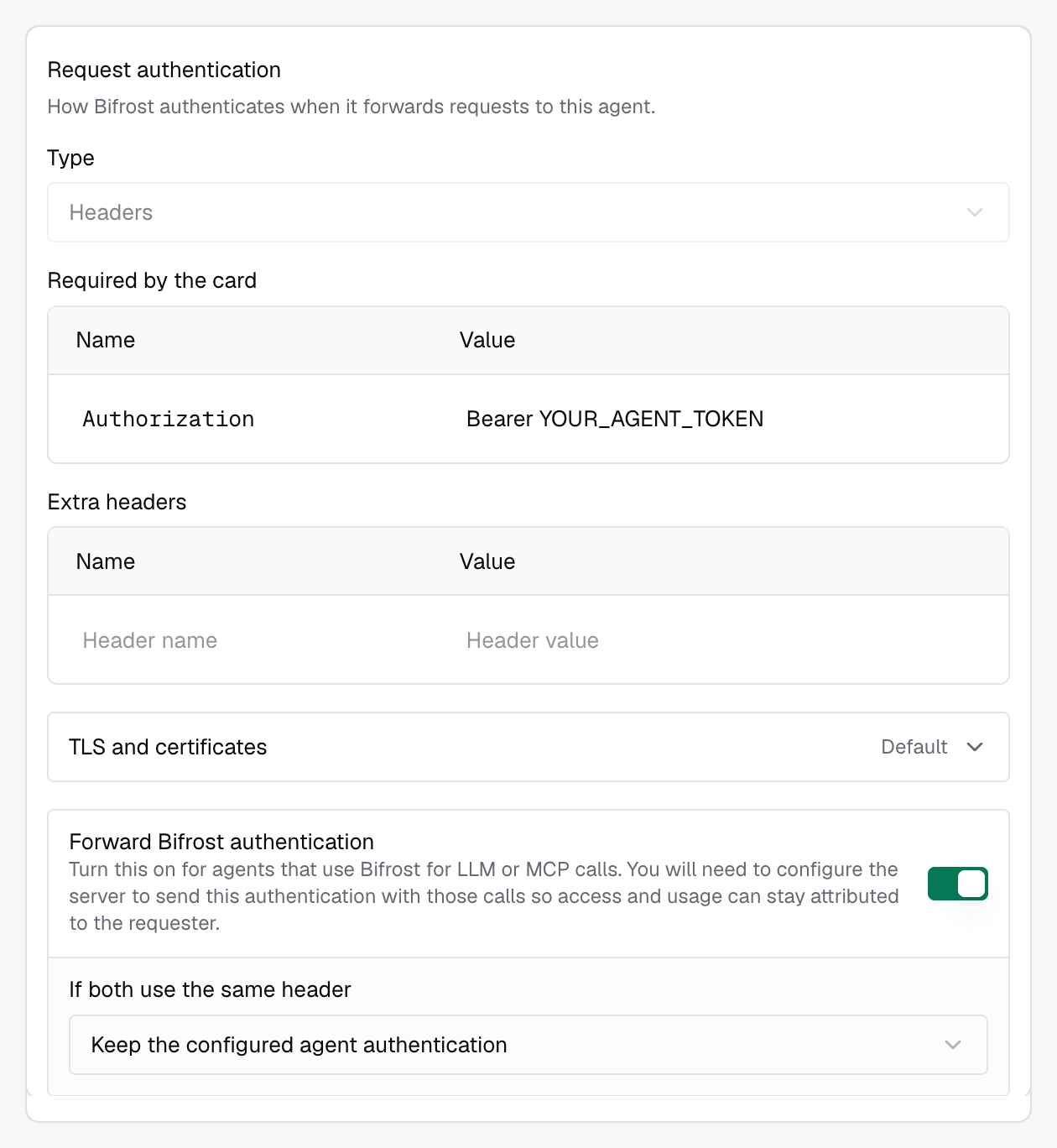 Request authentication selected from the agent card, with an example Authorization value