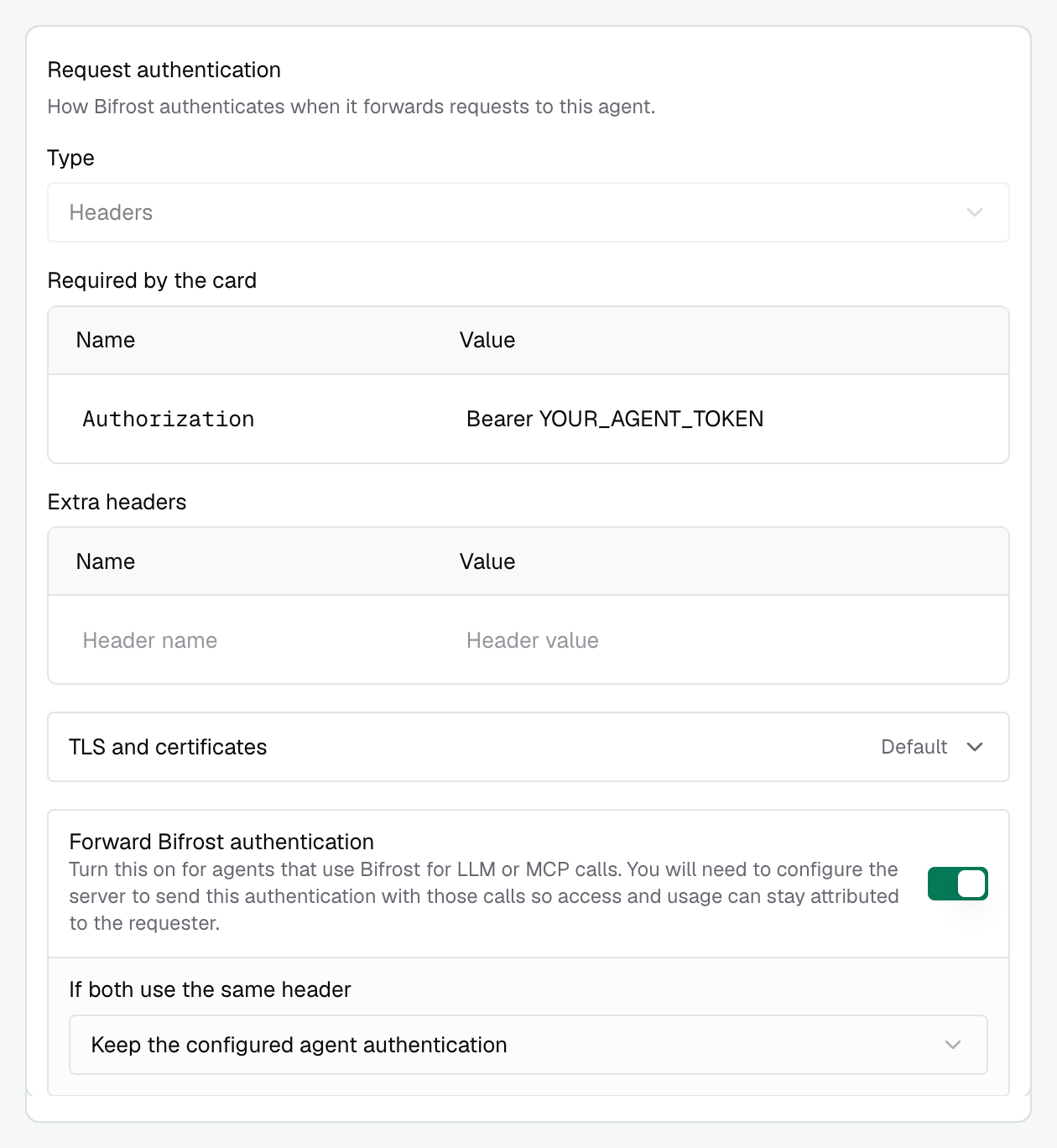 Request authentication selected from the agent card, with an example Authorization value