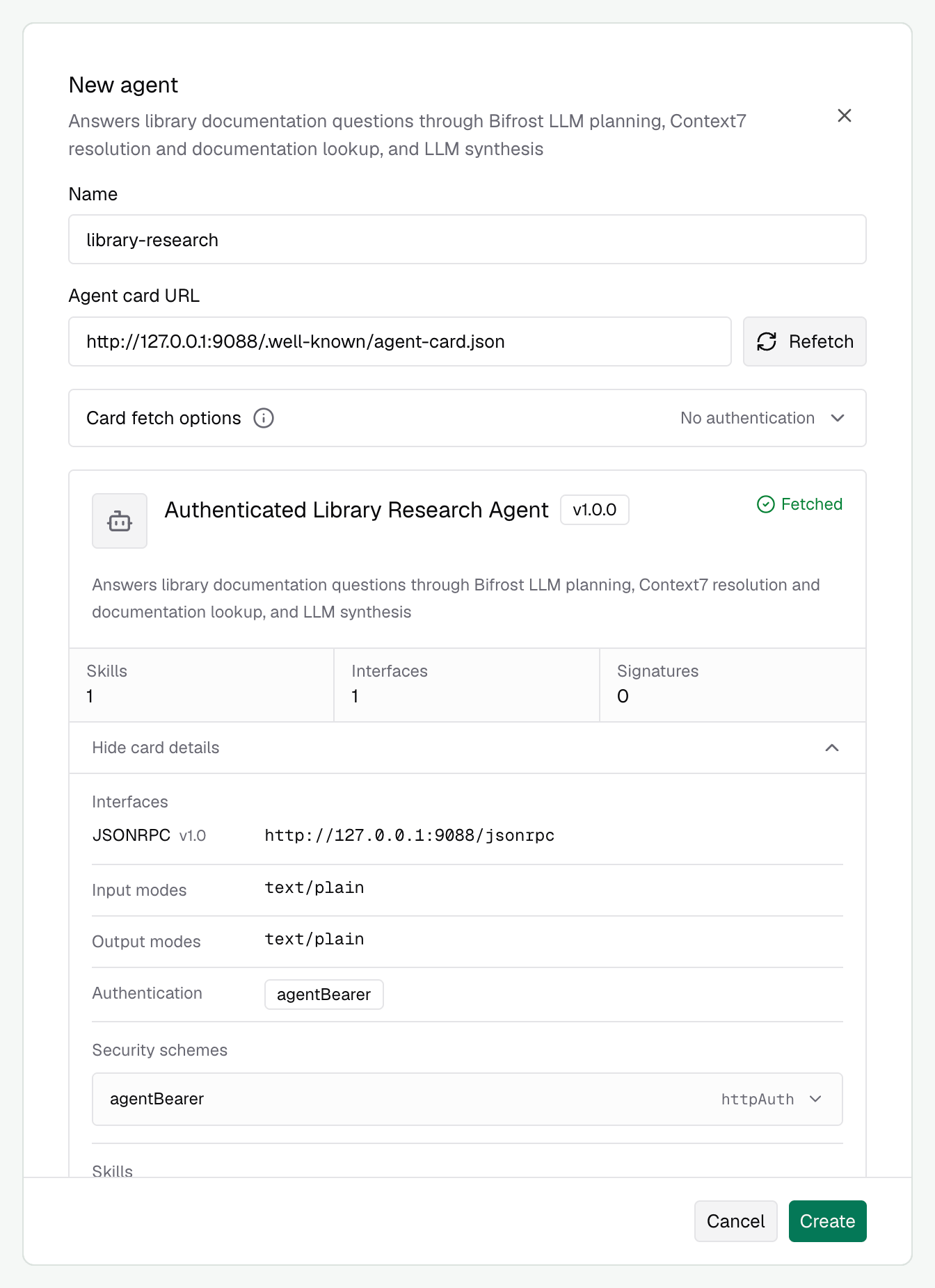 New agent registration with separate card fetch and request authentication controls