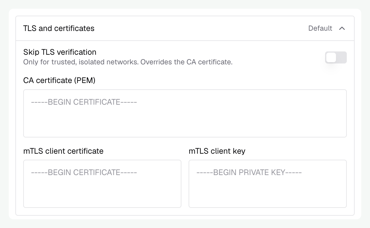 Expanded request TLS settings with certificate verification, CA certificate, and mTLS client certificate and key fields