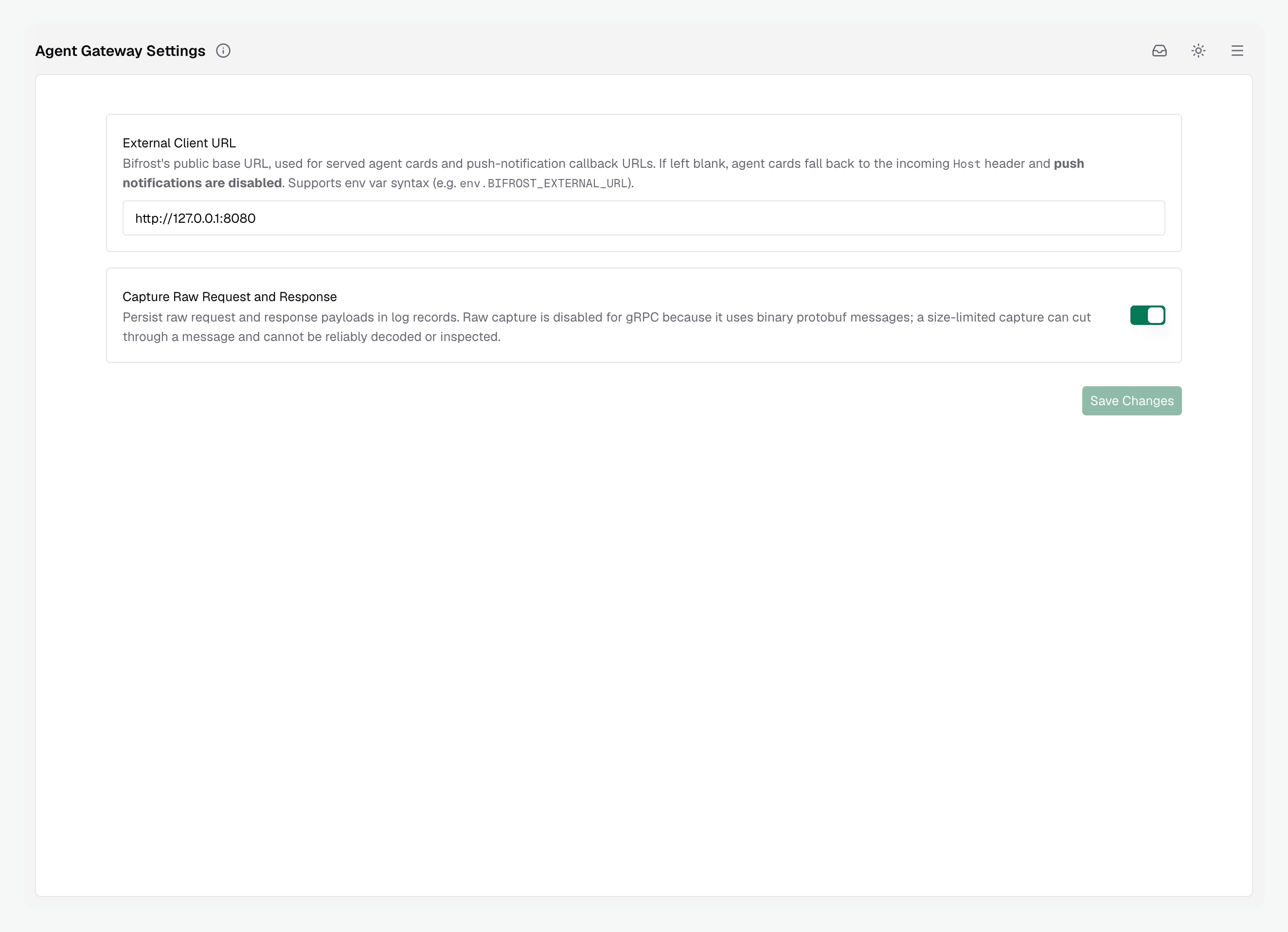 Agent Gateway settings with the public URL and raw capture controls