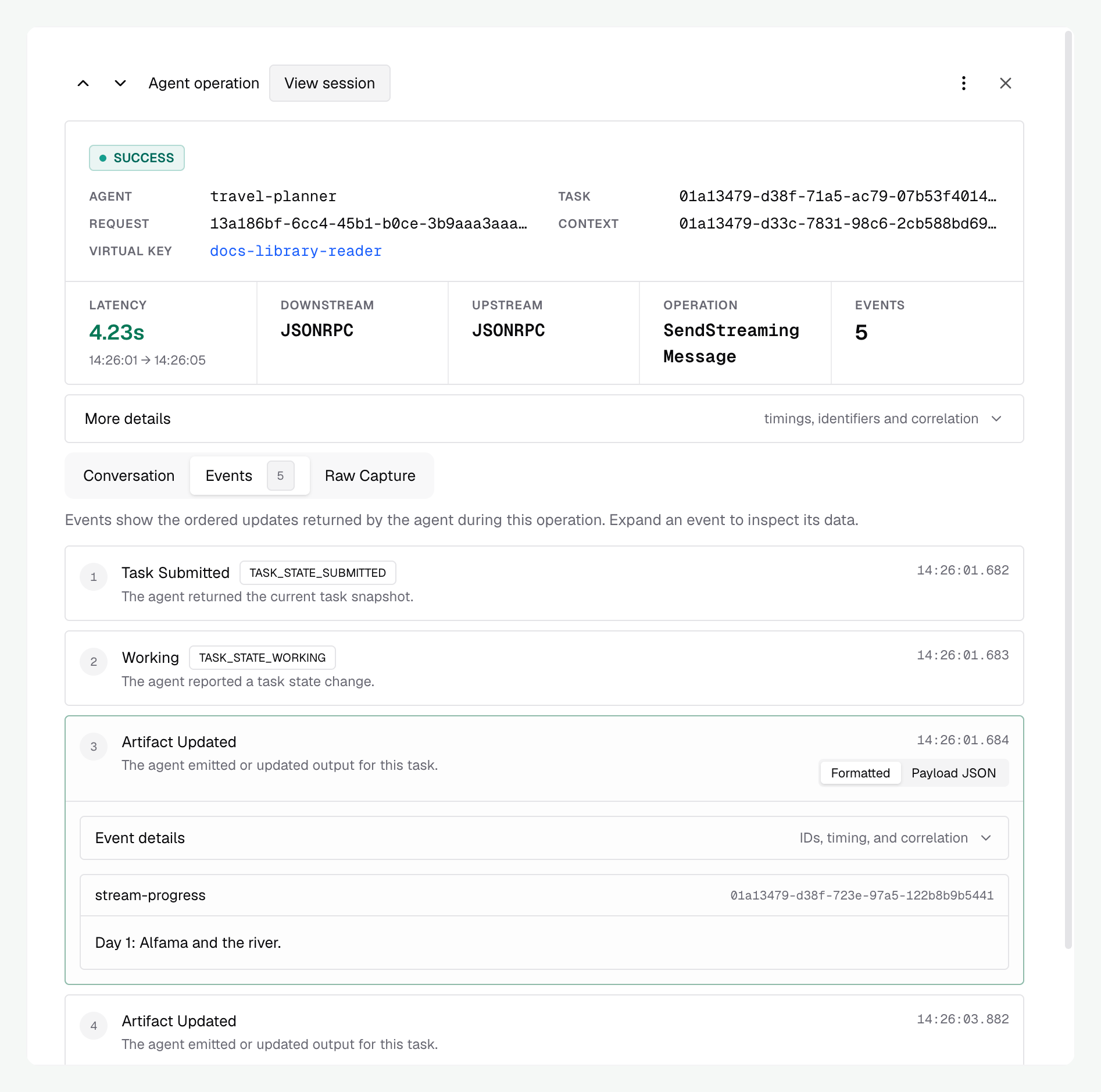 A travel task's five ordered streaming events, including status and artifact updates