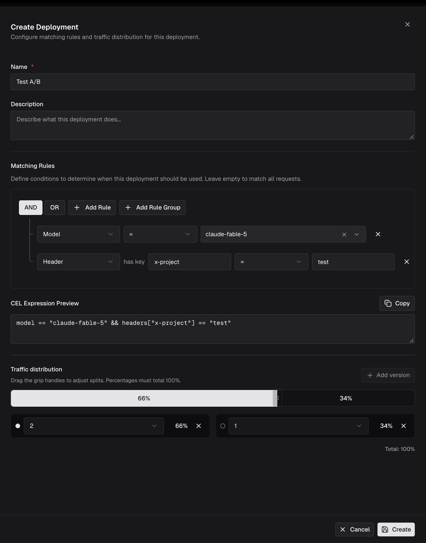 Create Deployment sheet with matching rules and traffic distribution