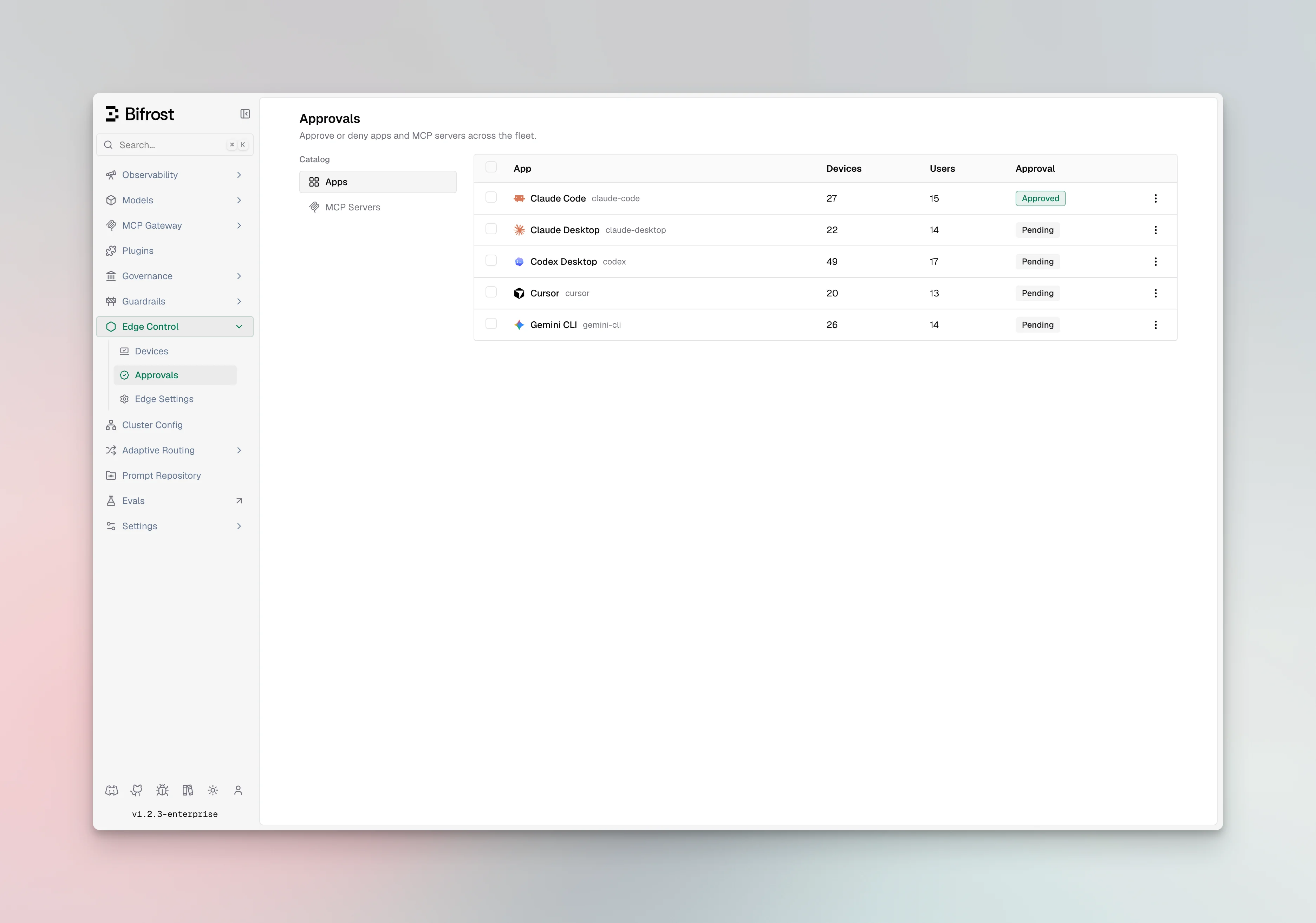 Approvals dashboard showing app and MCP server catalogs with status