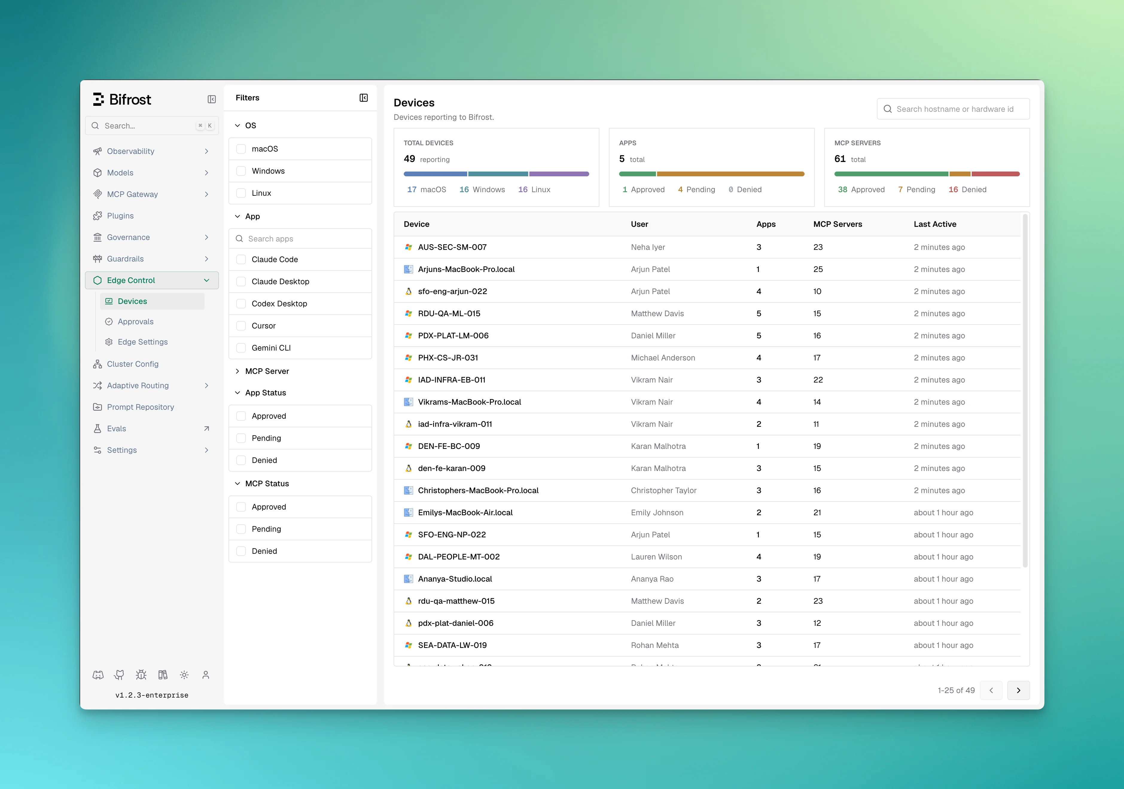 Bifrost Edge devices dashboard listing machines across the fleet