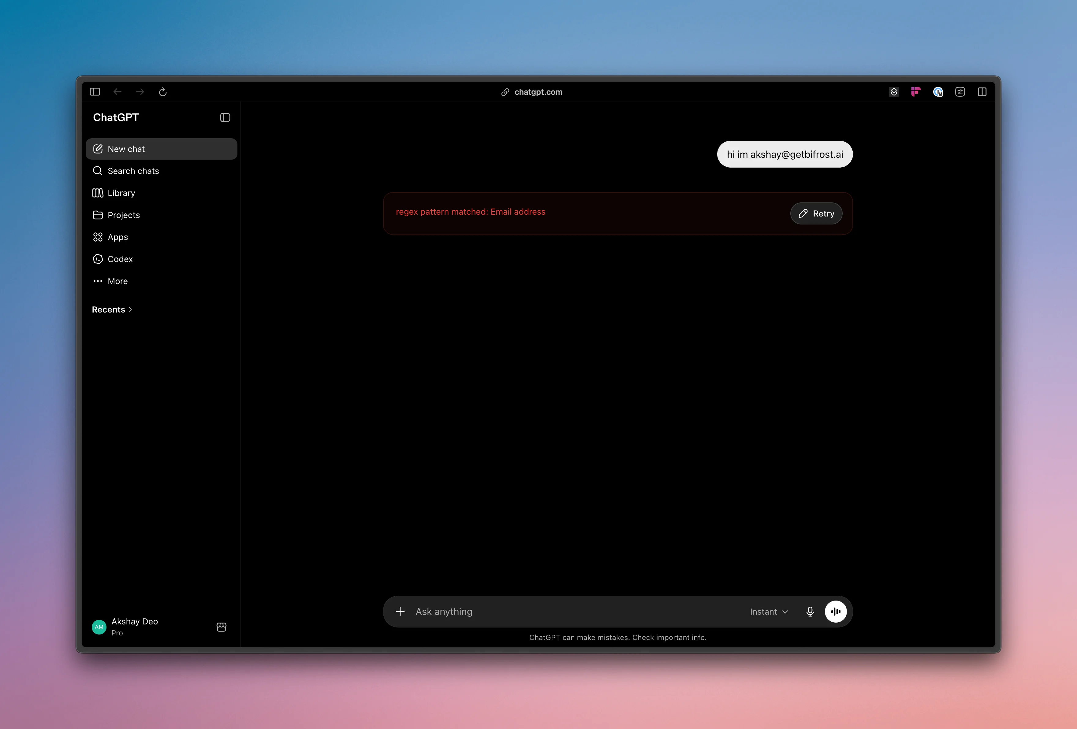 A guardrail applied to a ChatGPT web prompt through Bifrost Edge