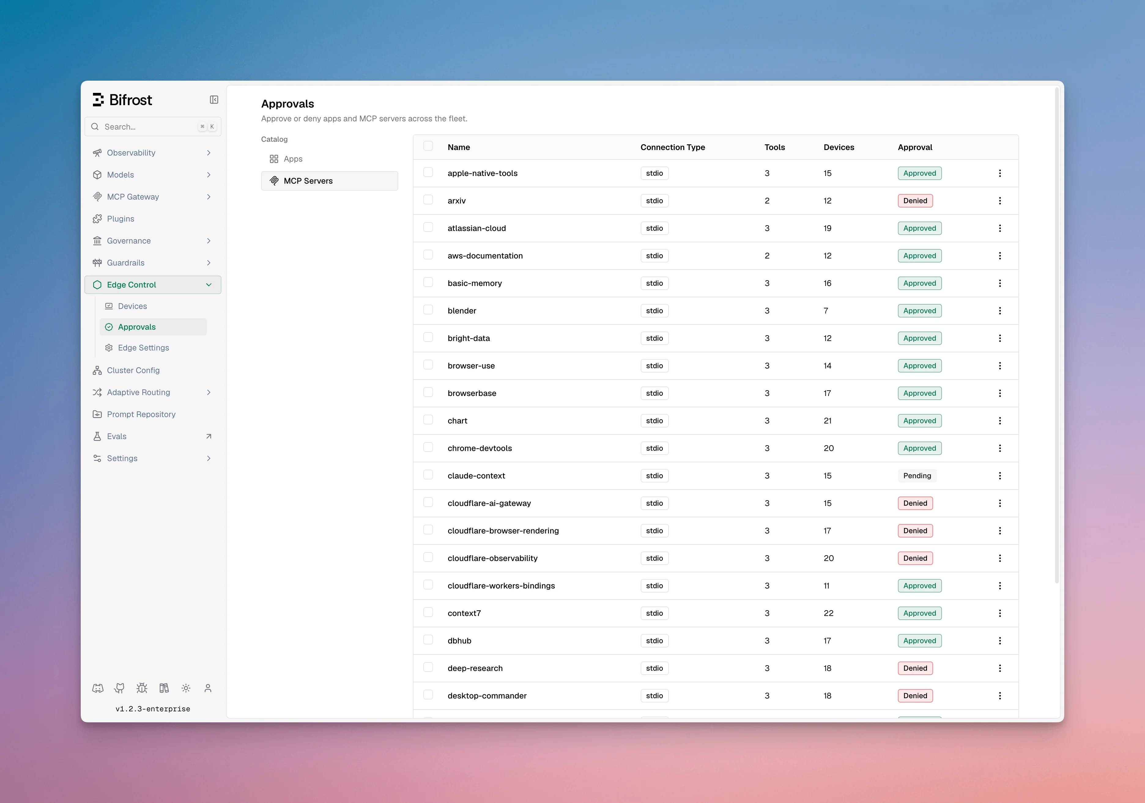 MCP server catalog showing tools and approval controls