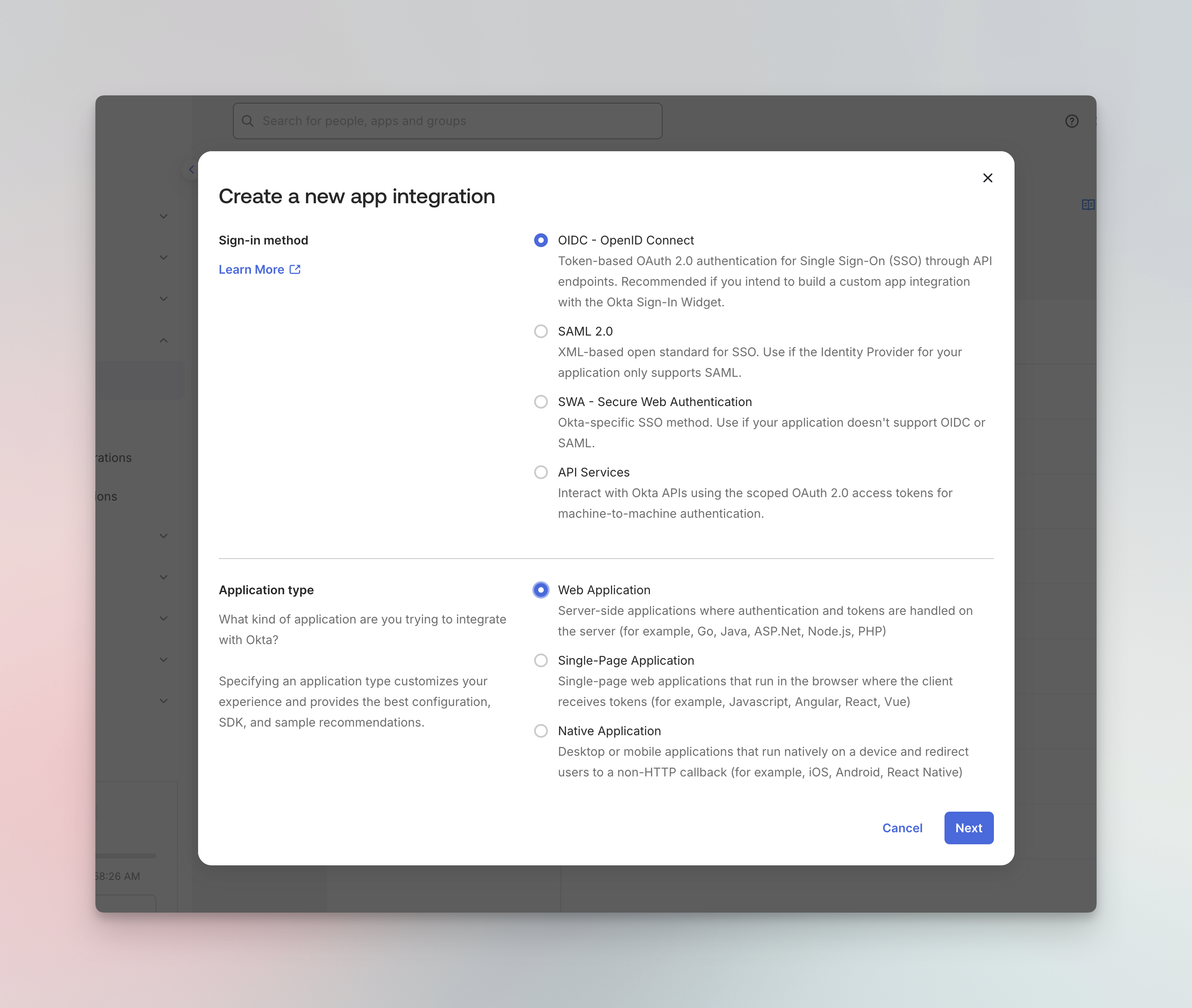 Create new app integration dialog