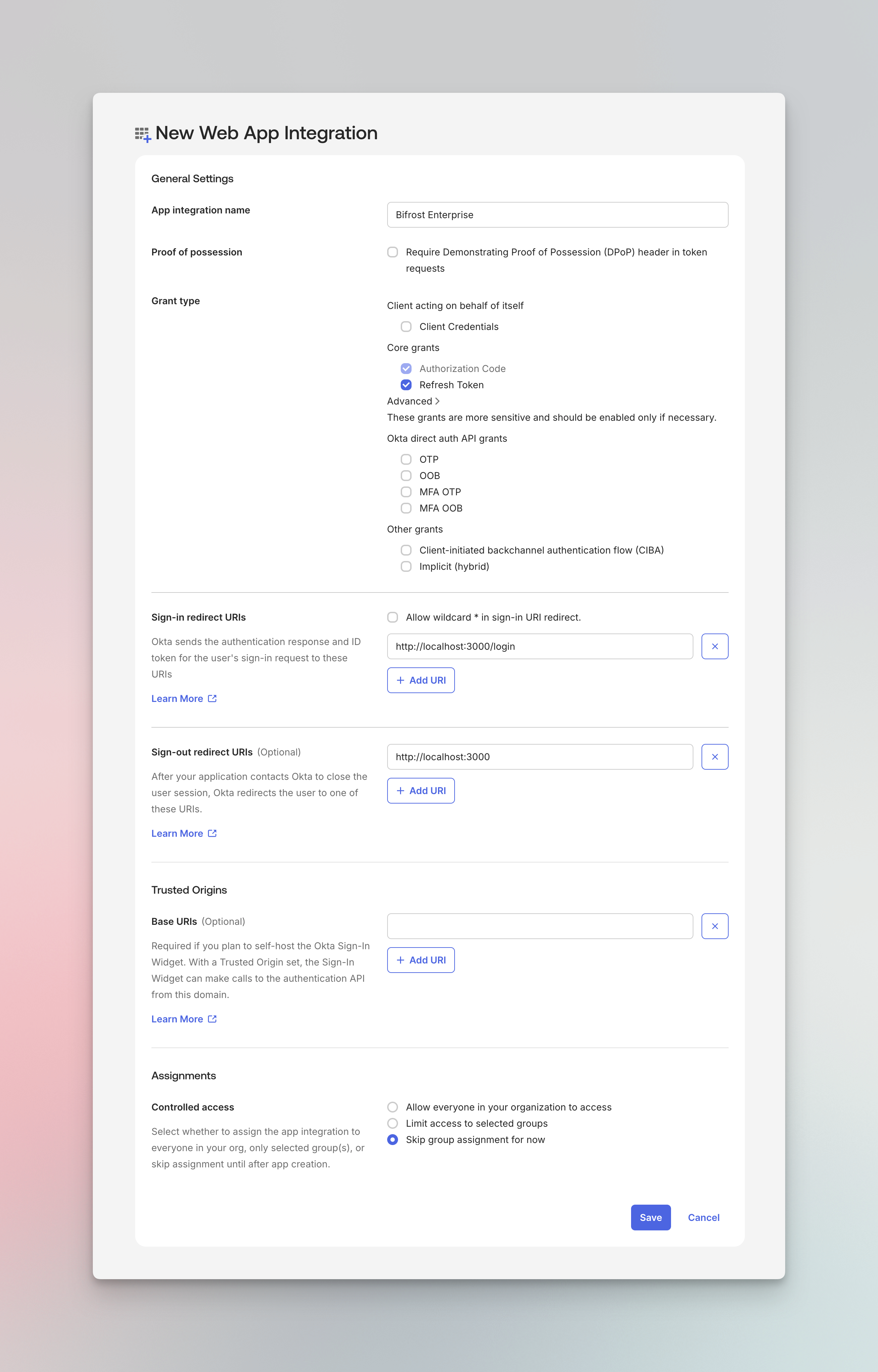 New Web App Integration settings