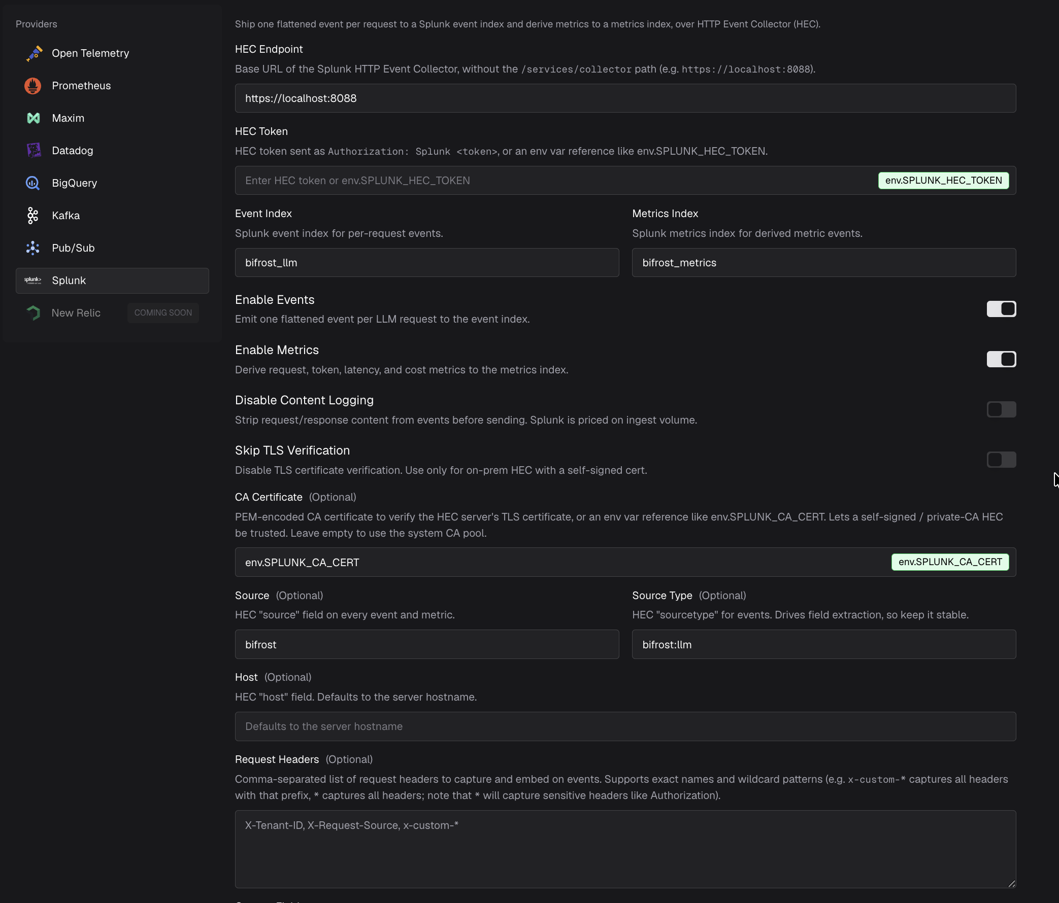 Splunk connector configuration in the Bifrost Observability page