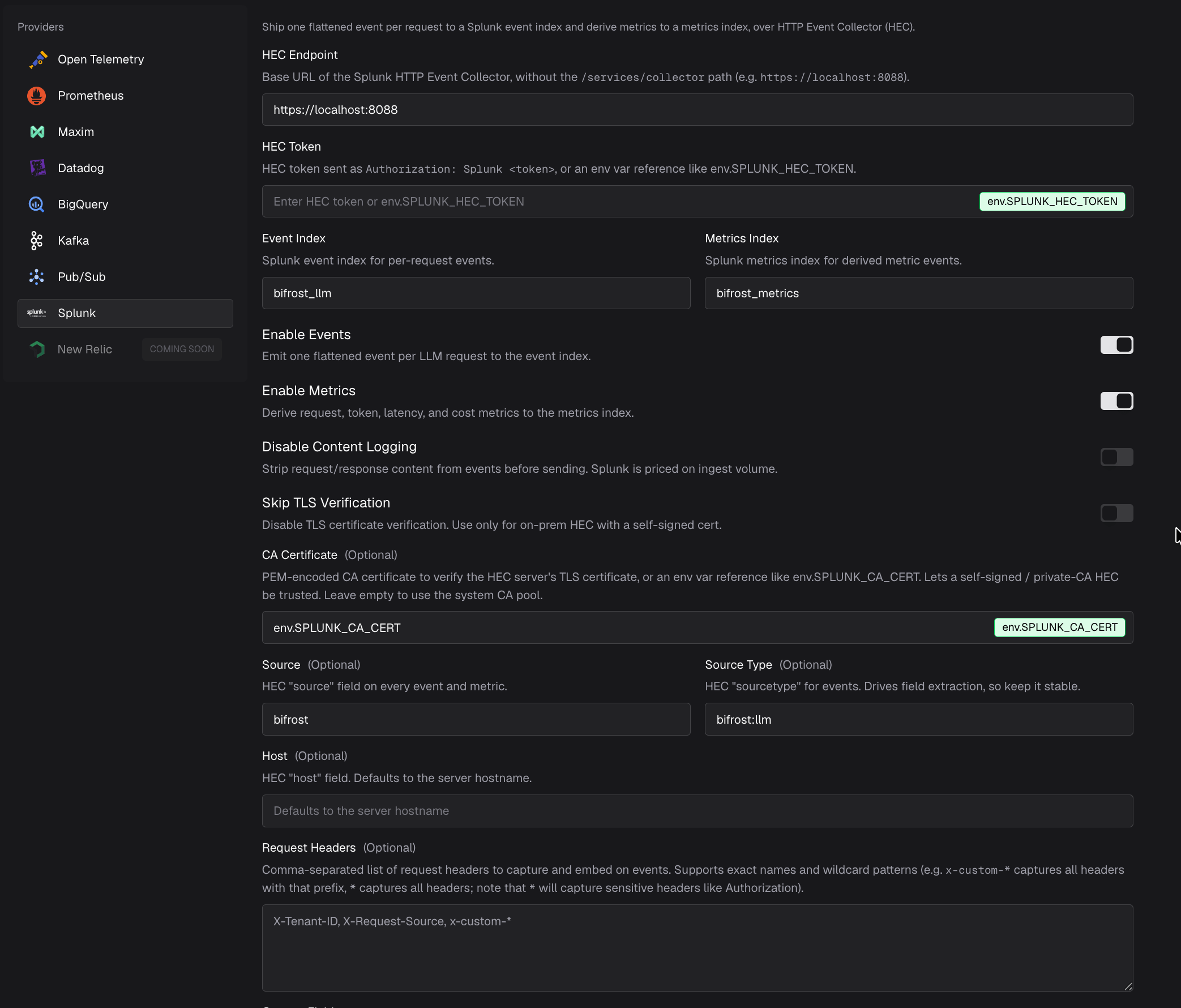 Splunk connector configuration in the Bifrost Observability page