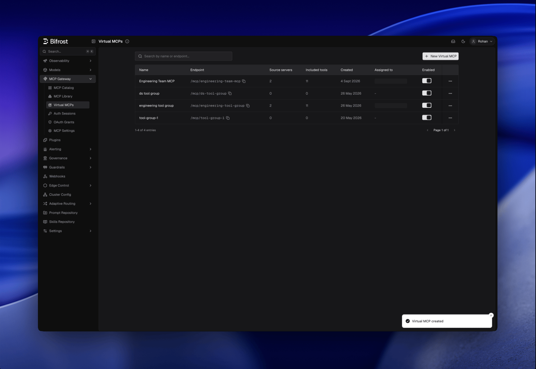 Virtual MCPs list page with create button