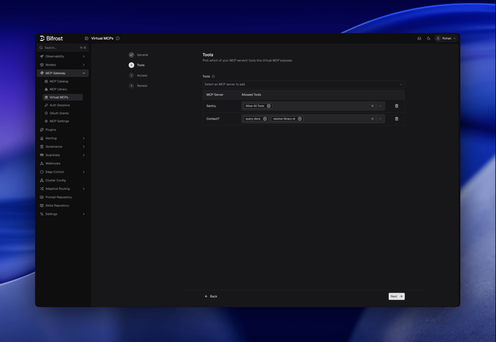 Virtual MCP wizard Tools step selecting servers and tools