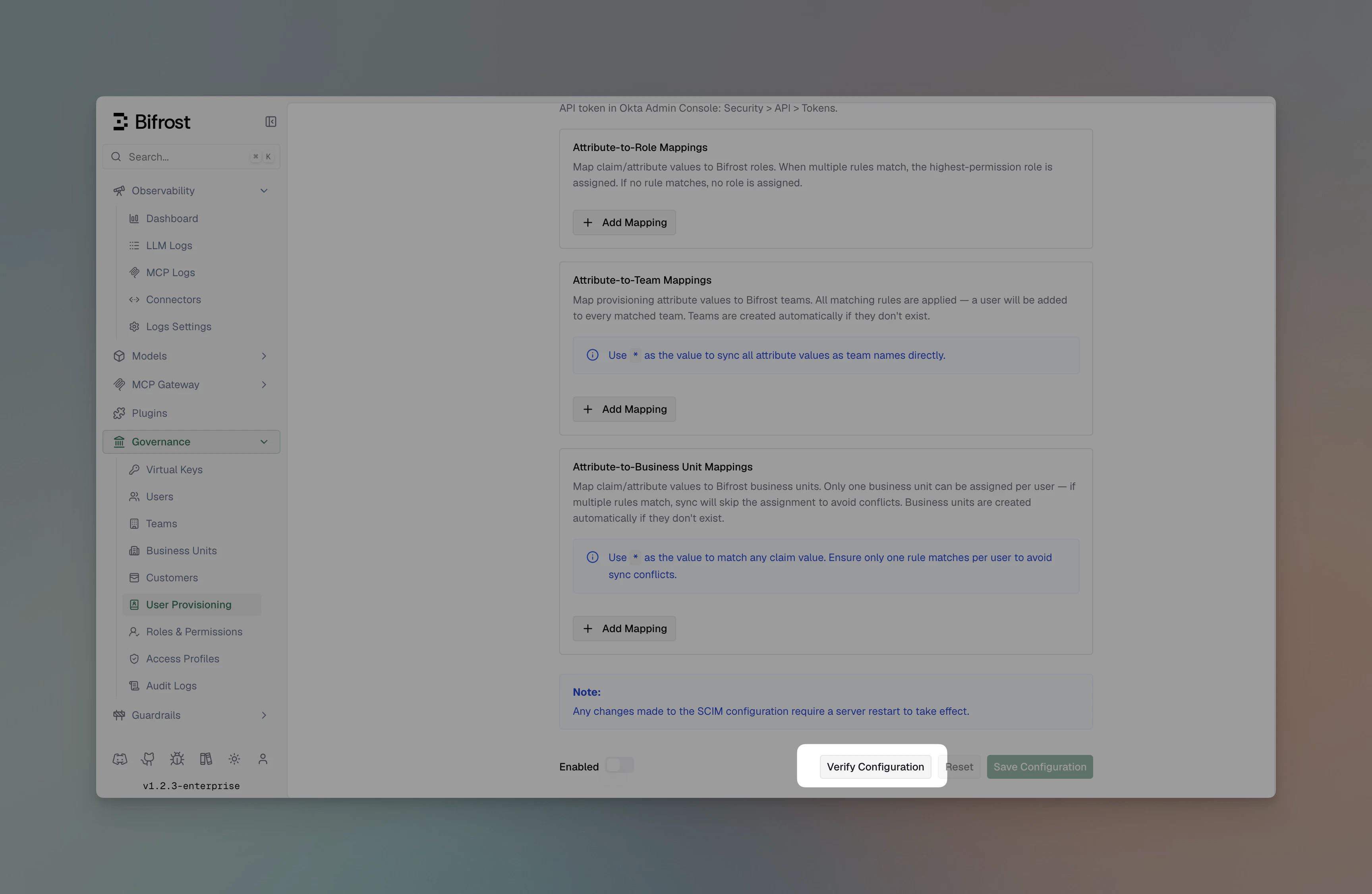 Selecting a SCIM provider in the Bifrost dashboard