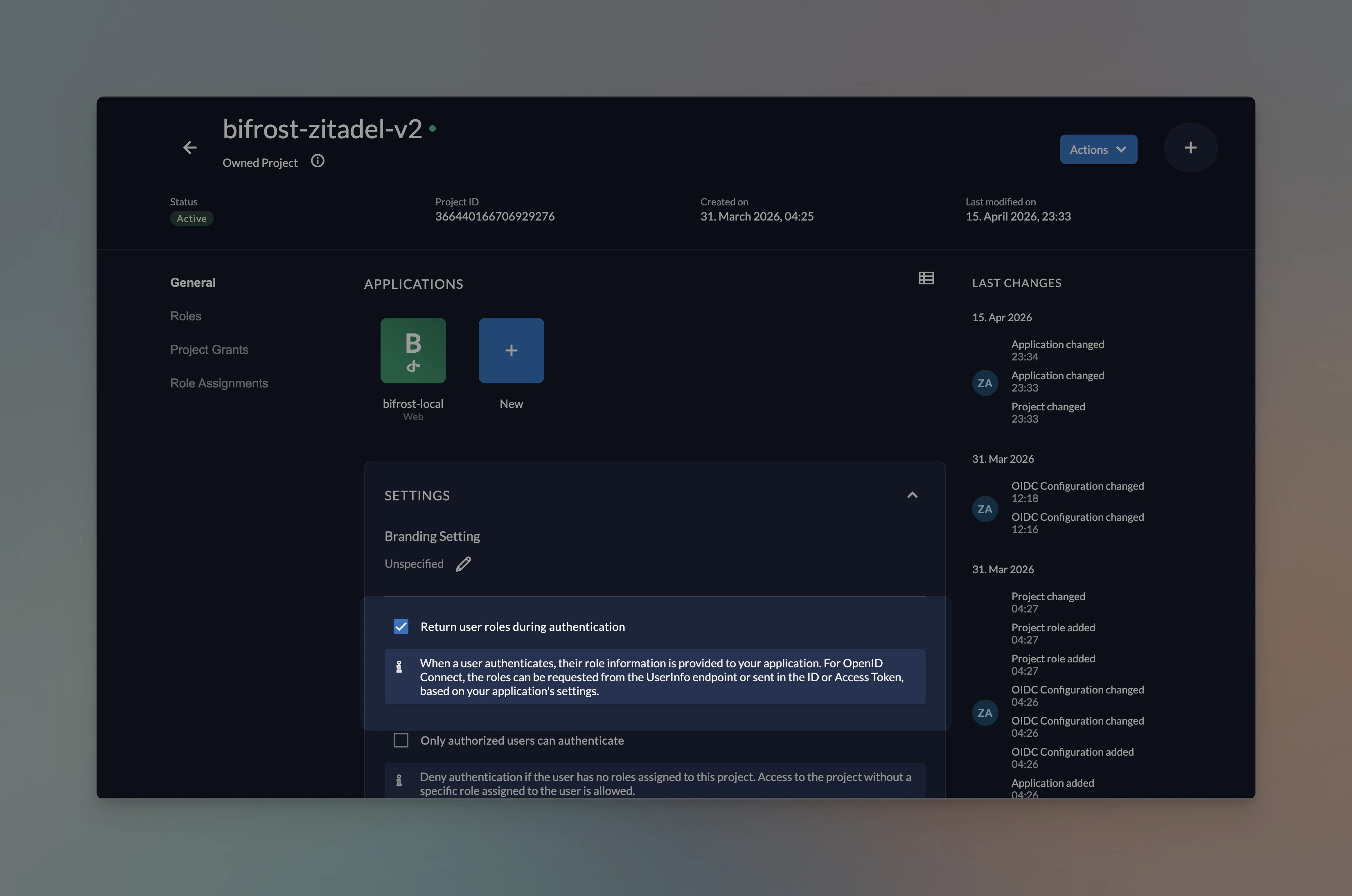 Assert Roles on Authentication toggle in Zitadel