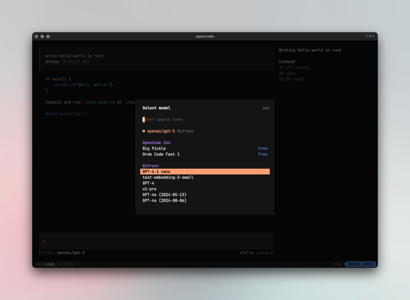 Opencode model selection