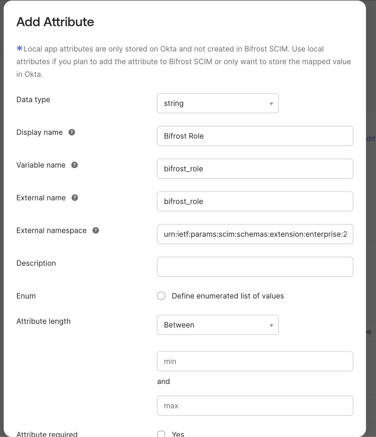 Add Attribute dialog in Okta Profile Editor for a custom SCIM attribute