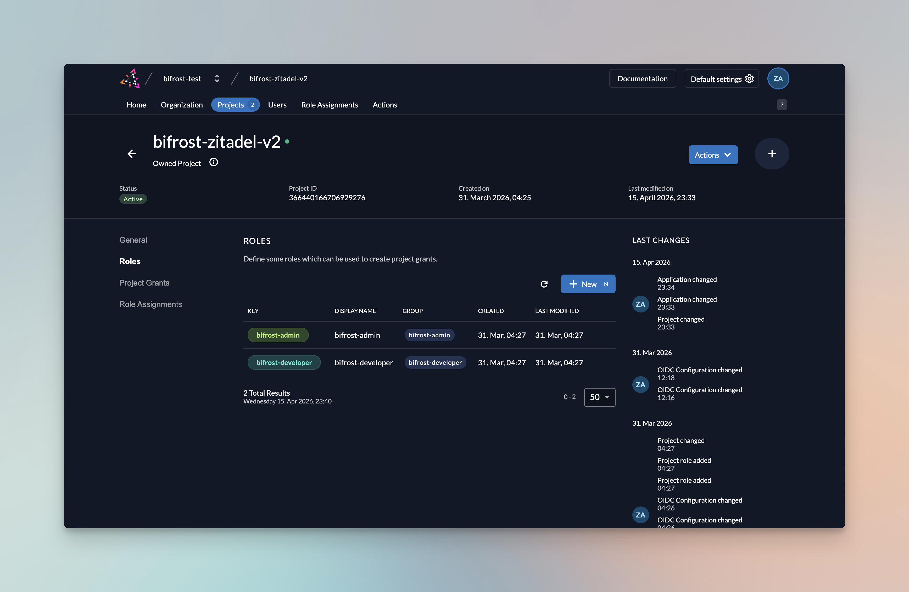 Create project roles in Zitadel