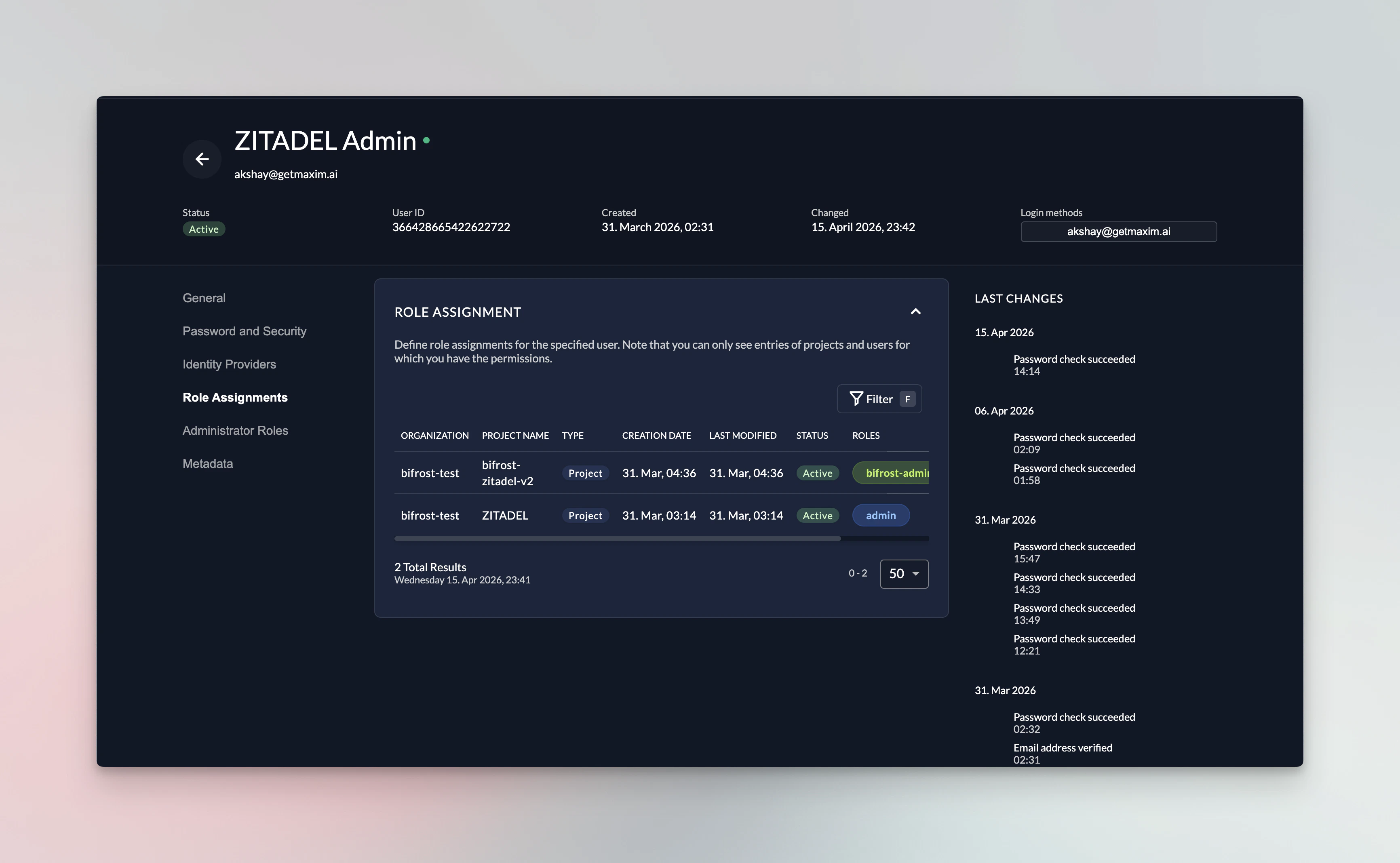 Create project roles in Zitadel