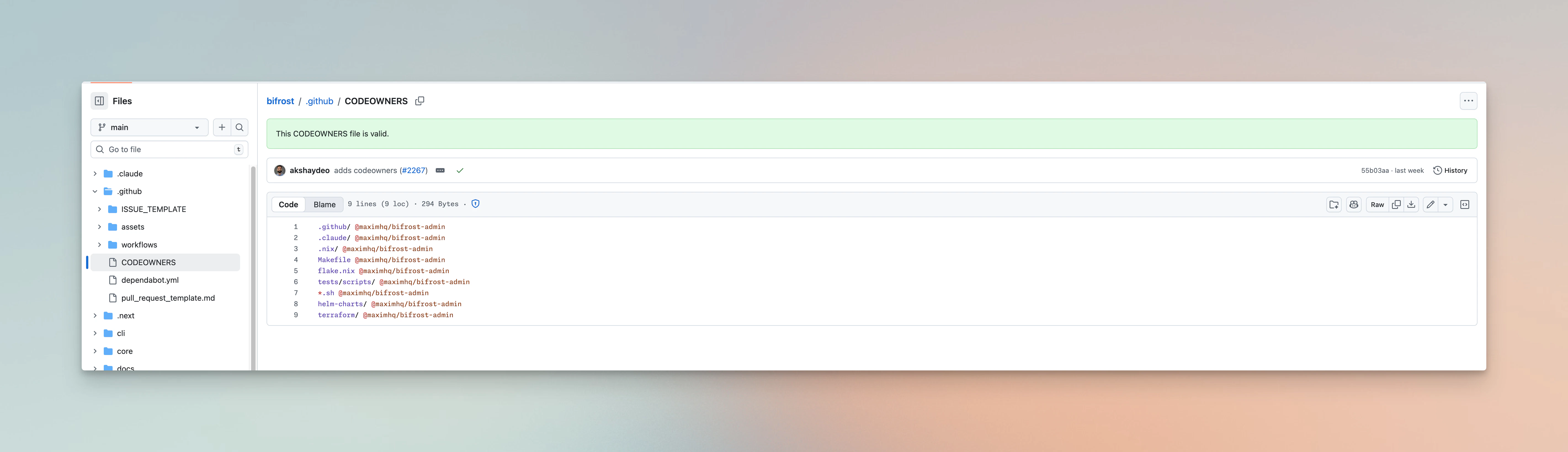 CODEOWNERS file enforcing review gates on security-critical paths