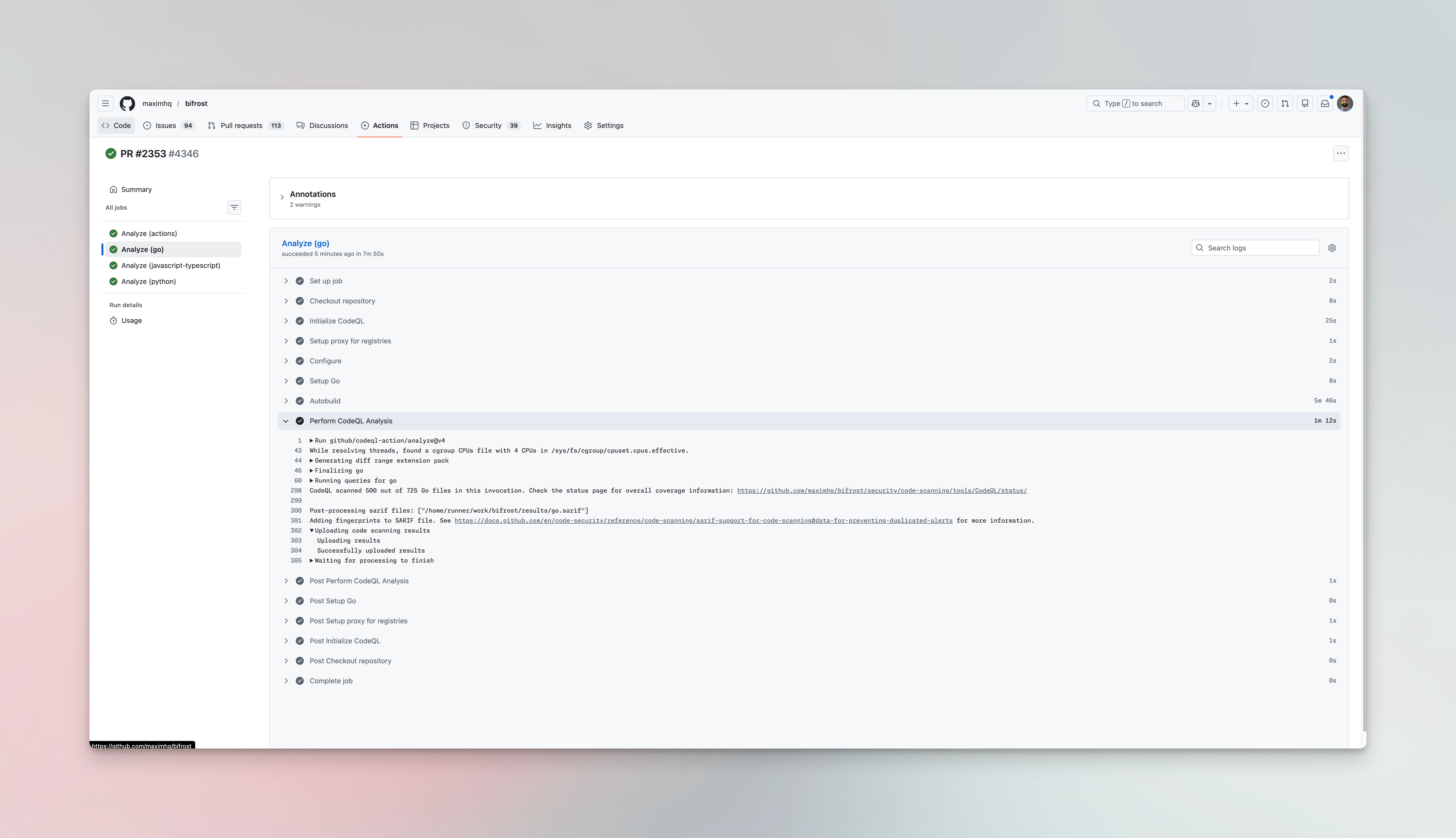 CodeQL analysis results in GitHub Security tab
