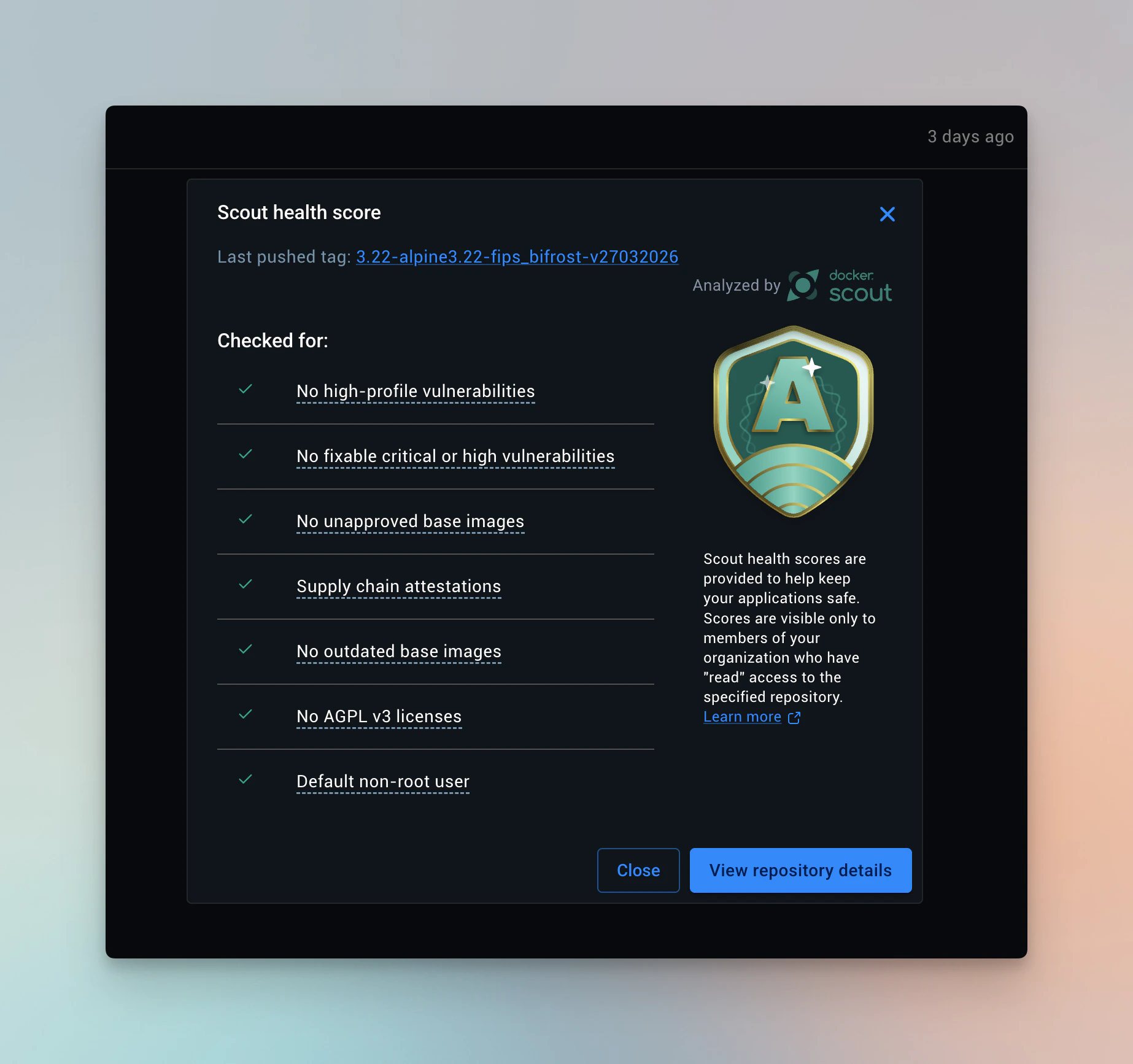 Docker Scout image score showing vulnerability assessment