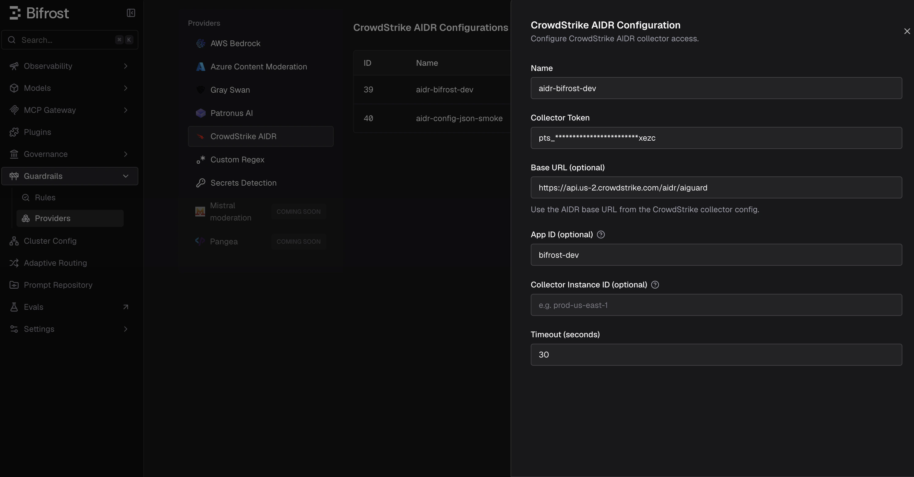CrowdStrike AIDR configuration in Bifrost dashboard