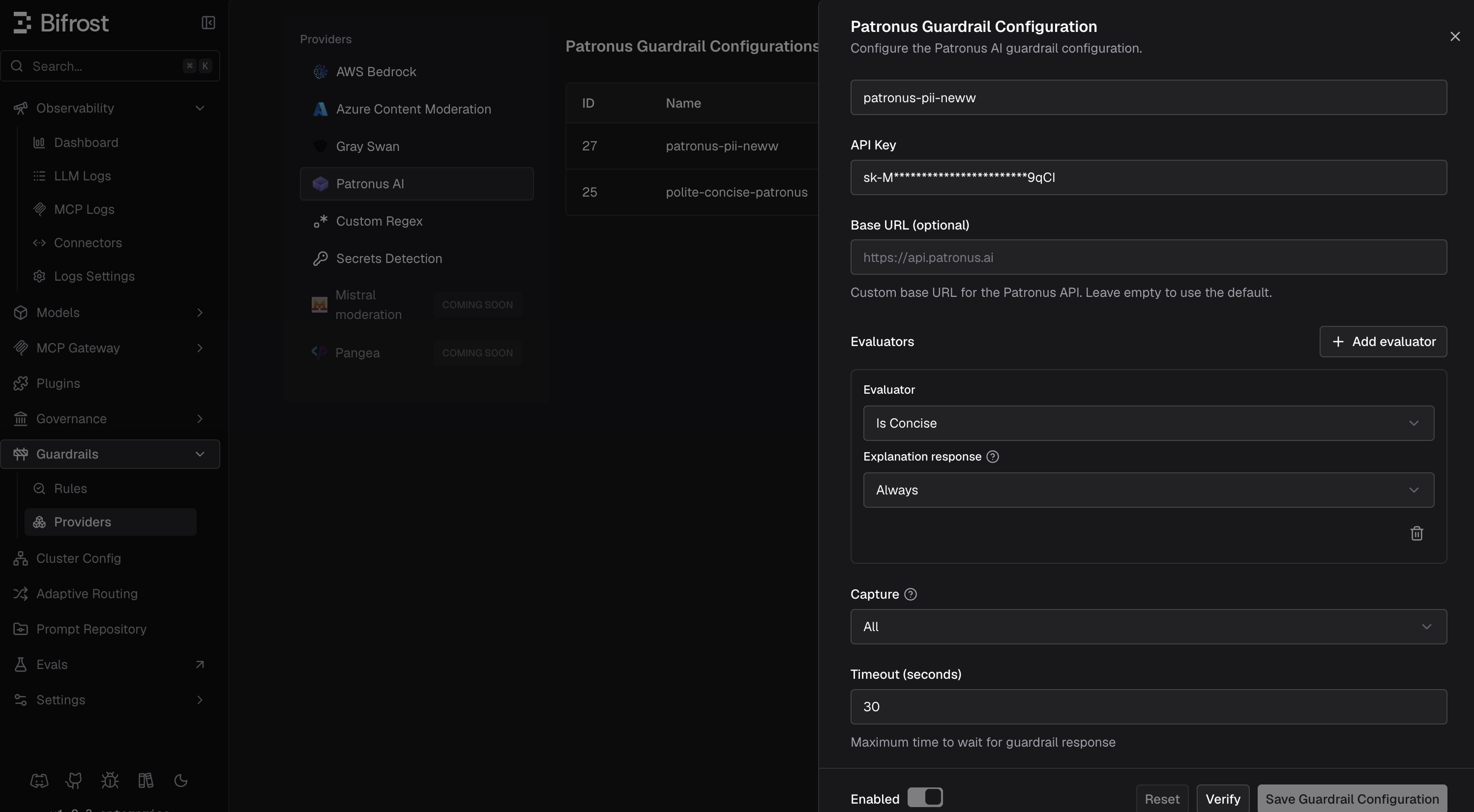 Patronus AI configuration in Bifrost dashboard