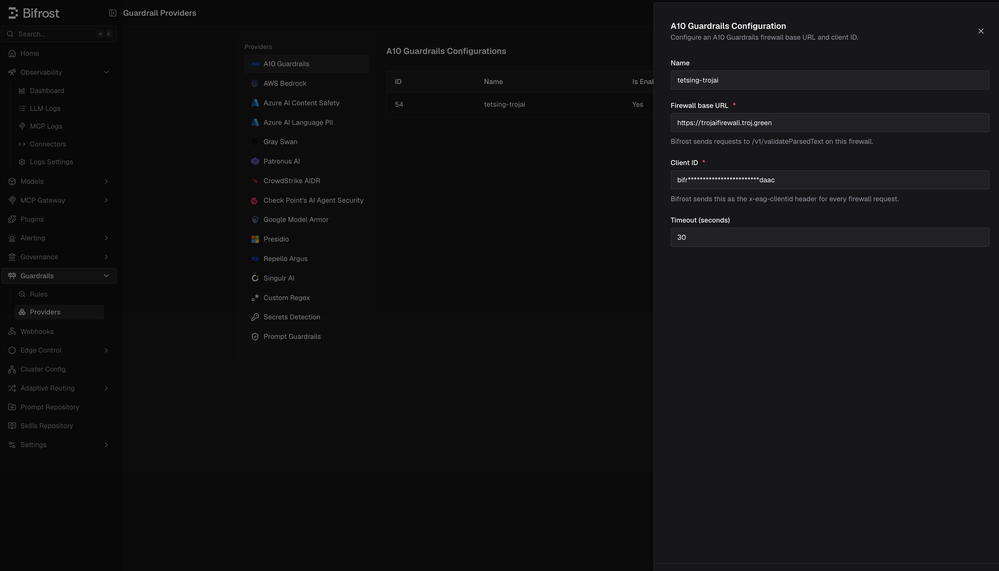 A10 Guardrails configuration in the Bifrost Guardrails Providers screen
