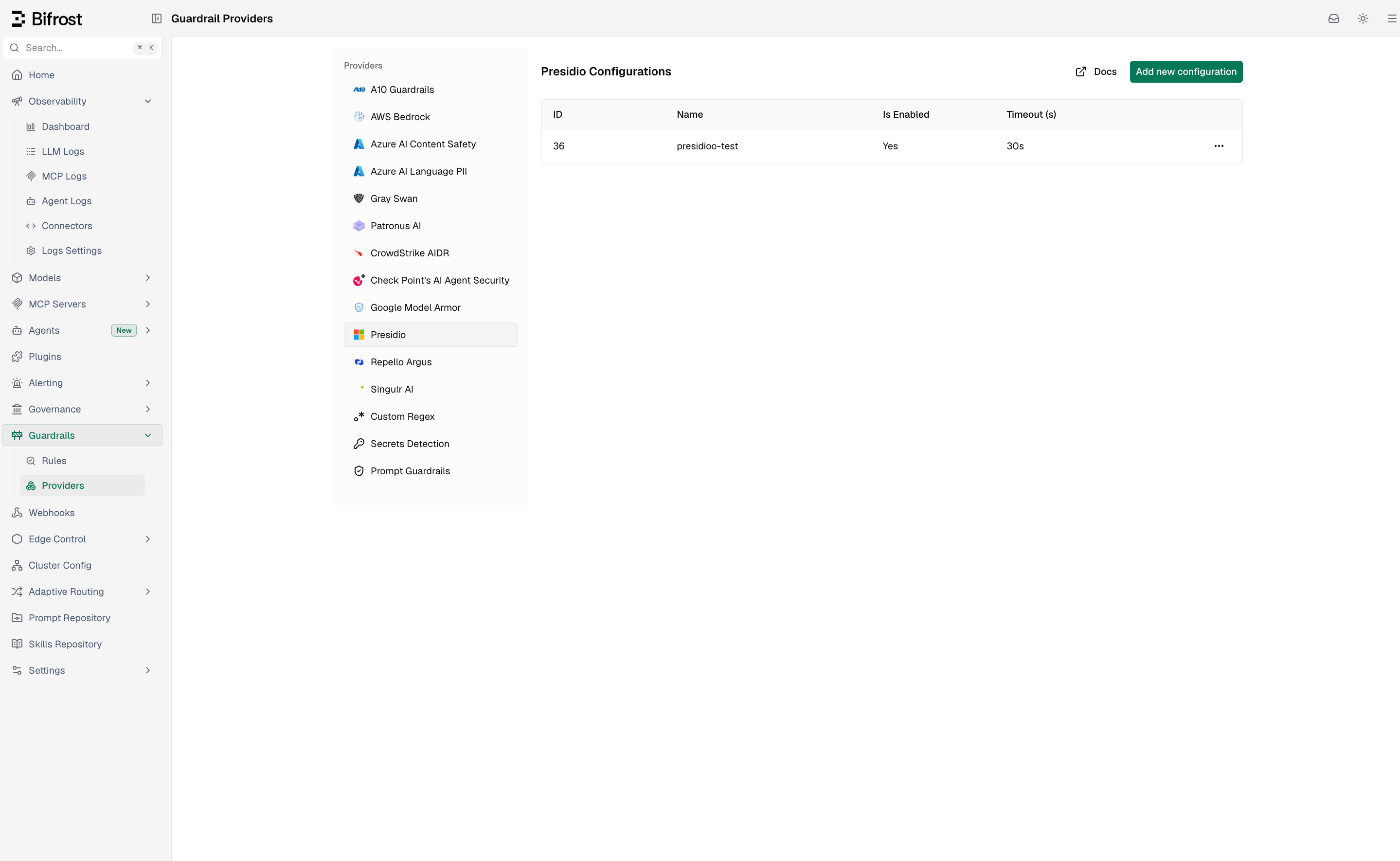 Guardrail Providers page listing every supported provider with the Presidio configurations table