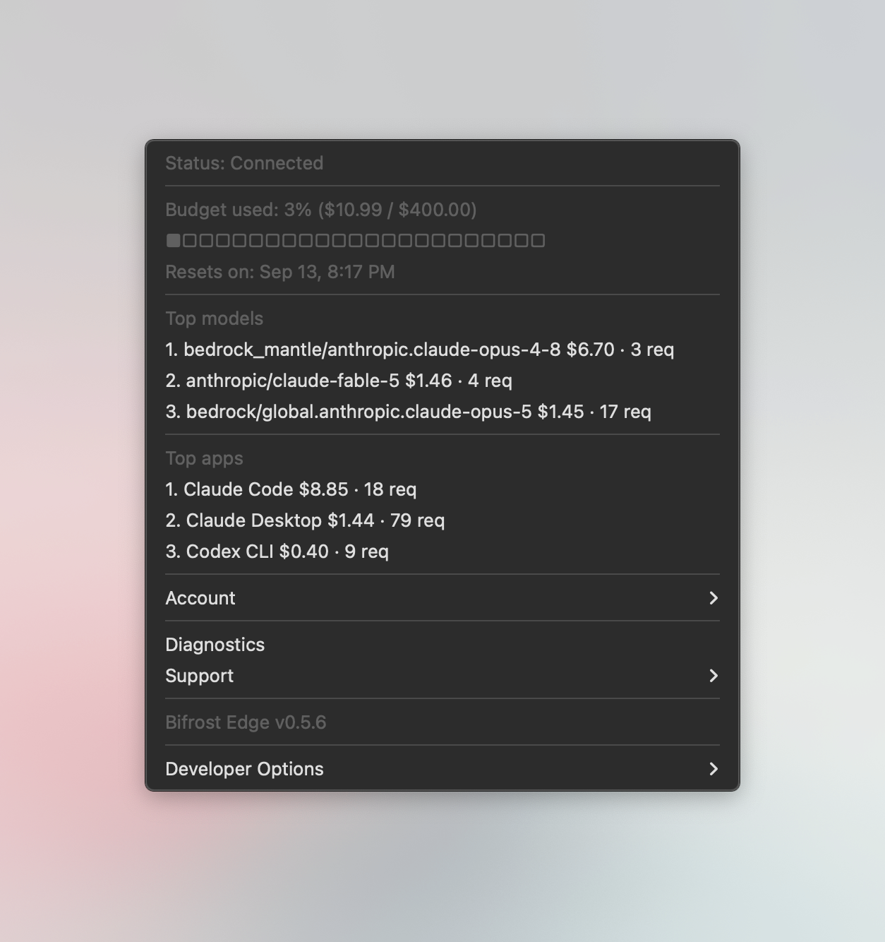 Connected Bifrost Edge menu showing budget usage, top models, top applications, and account, diagnostics, and support controls