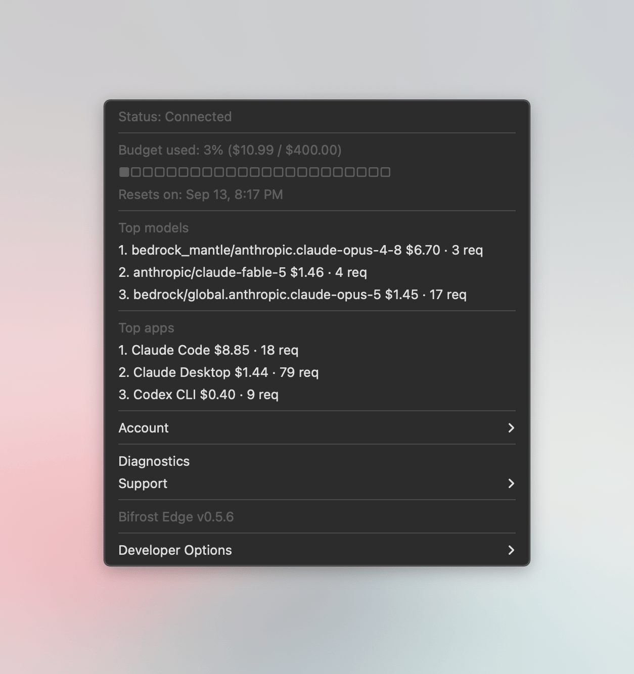 Connected Bifrost Edge menu showing budget usage, top models, top applications, and account, diagnostics, and support controls