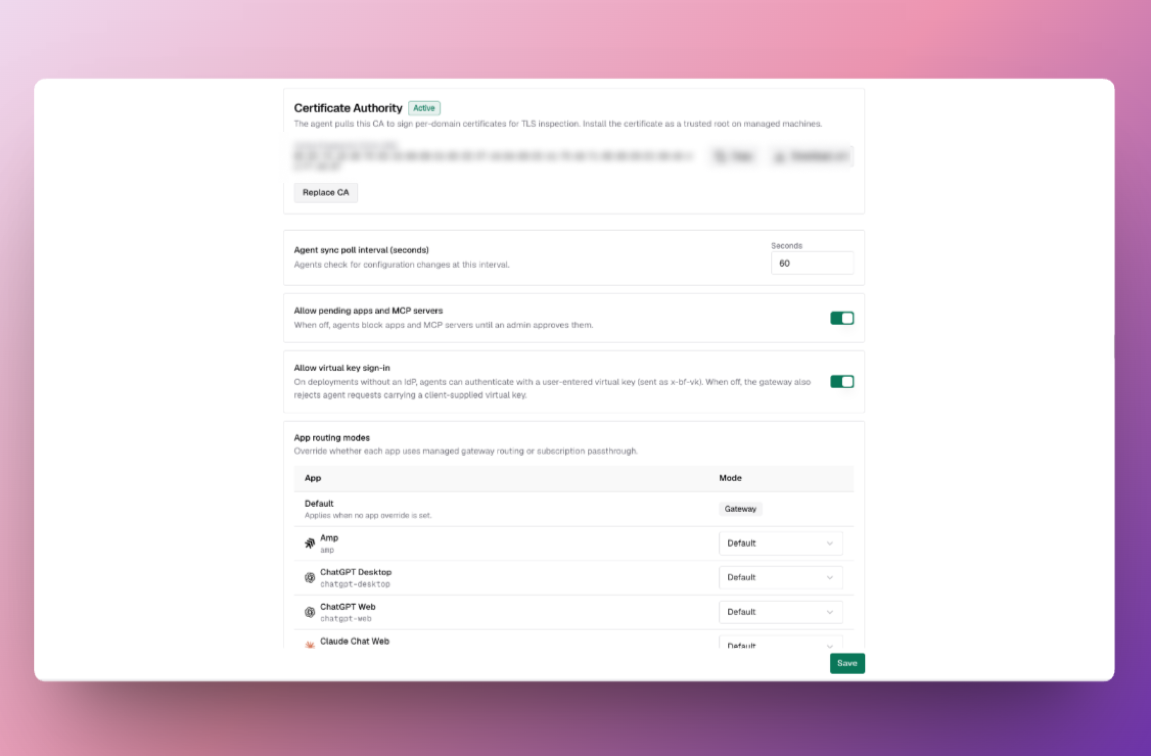 Bifrost Edge Settings page