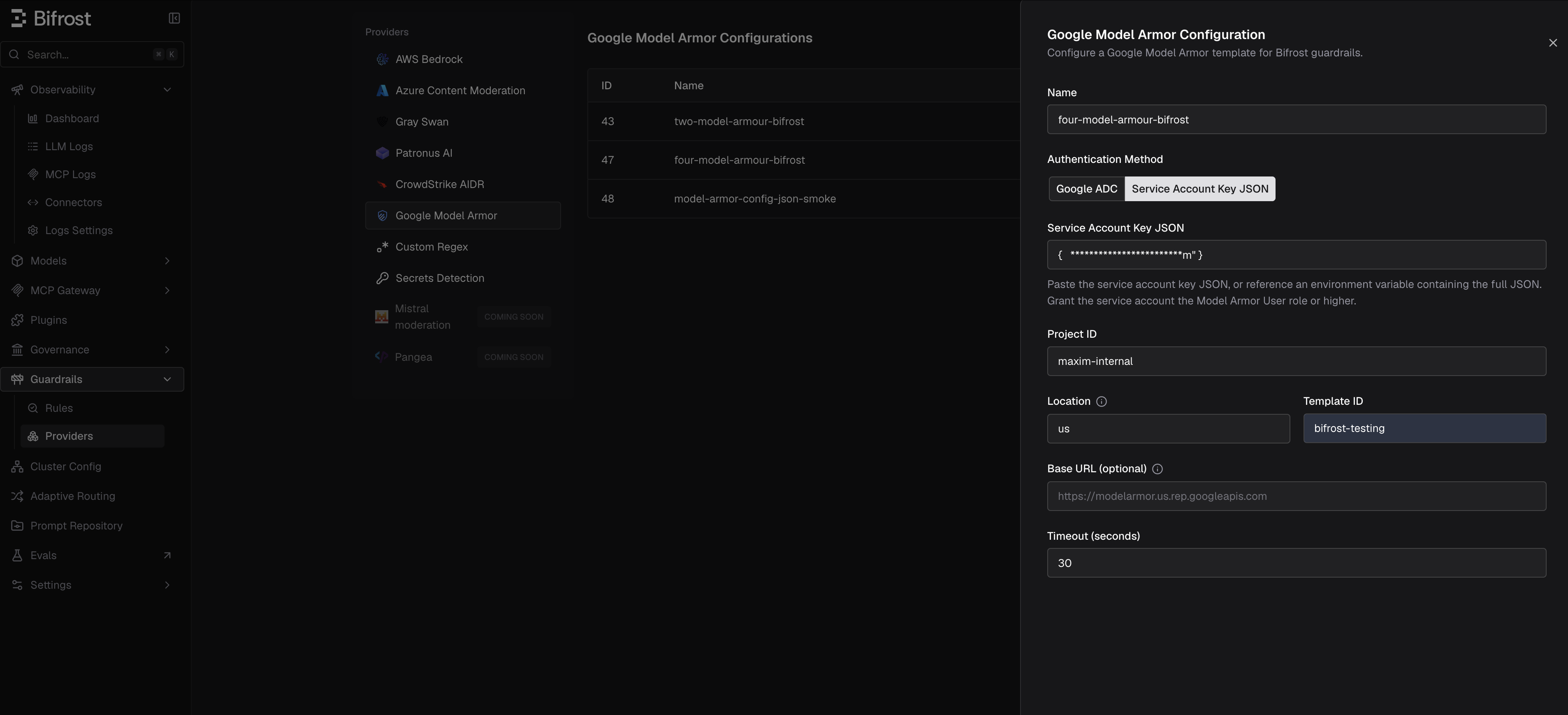 Google Model Armor configuration in Bifrost dashboard
