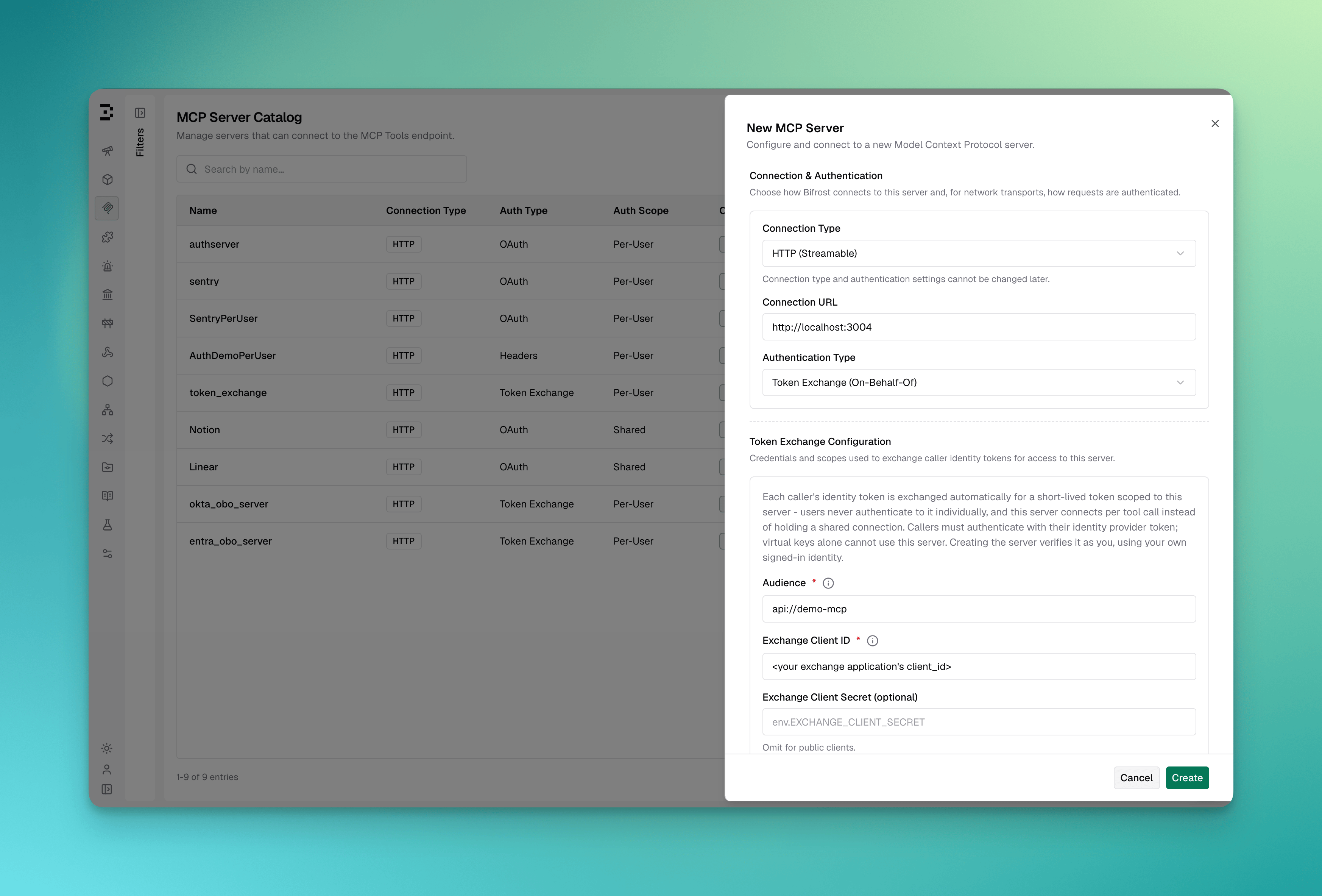 MCP client form with Auth Type set to Token Exchange, showing the audience, exchange client ID/secret, and scopes fields