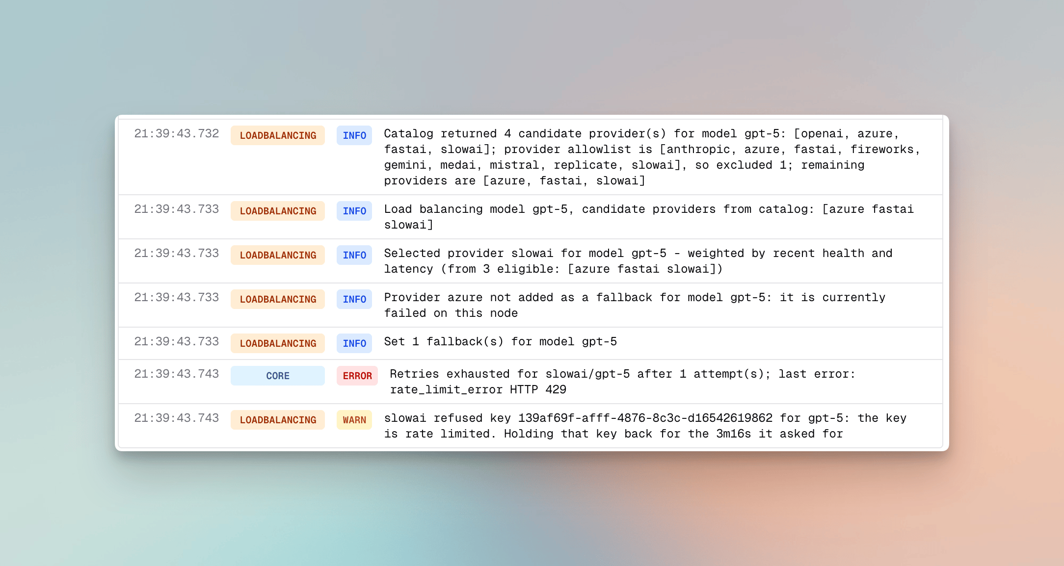 Routing engine logs in a request's log detail showing a held key being skipped and then checked