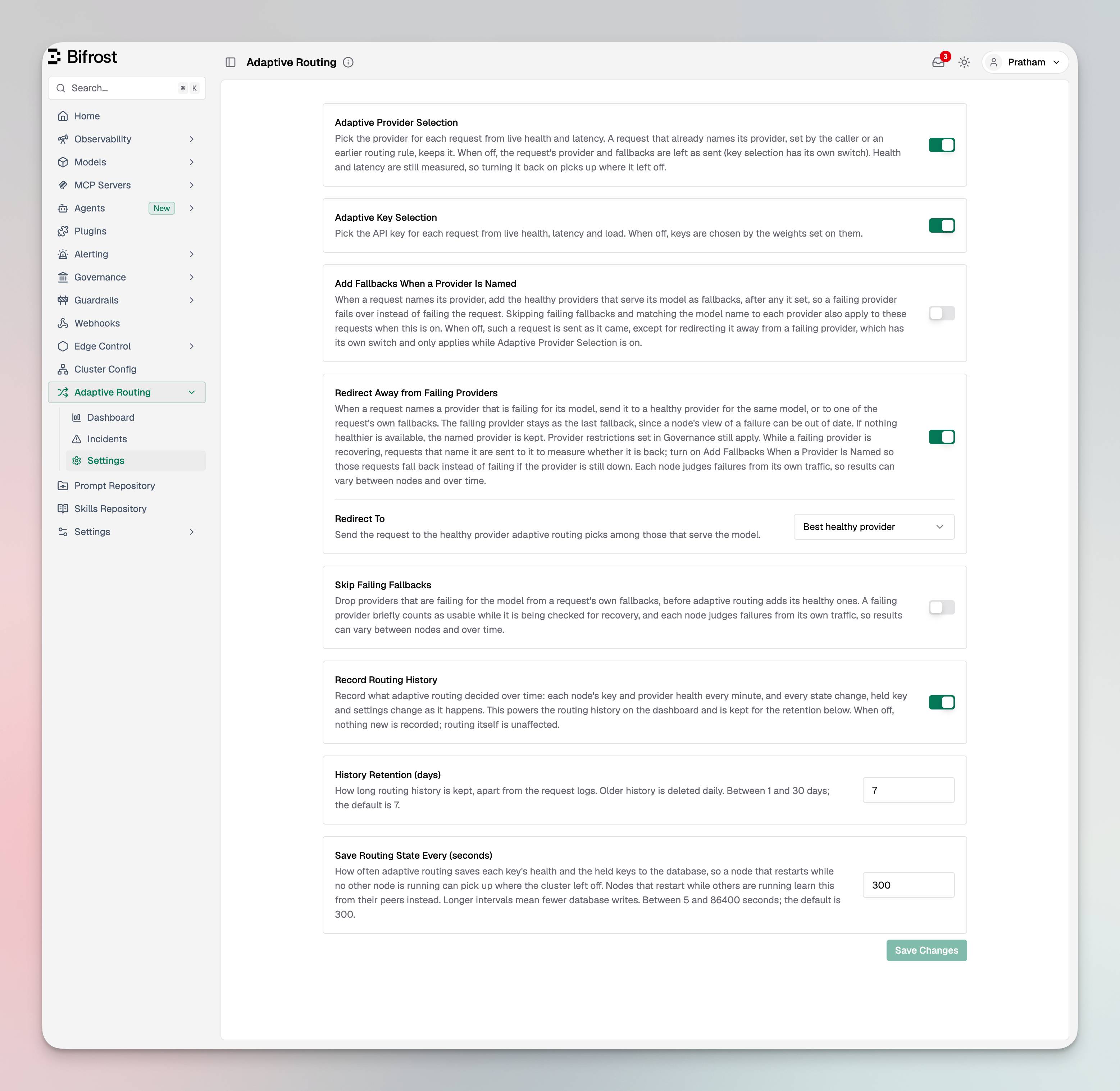 The Adaptive Routing settings page with the provider and key selection switches, the fallback and redirect switches with the Redirect To choice, Record Routing History, History Retention and Save Routing State Every