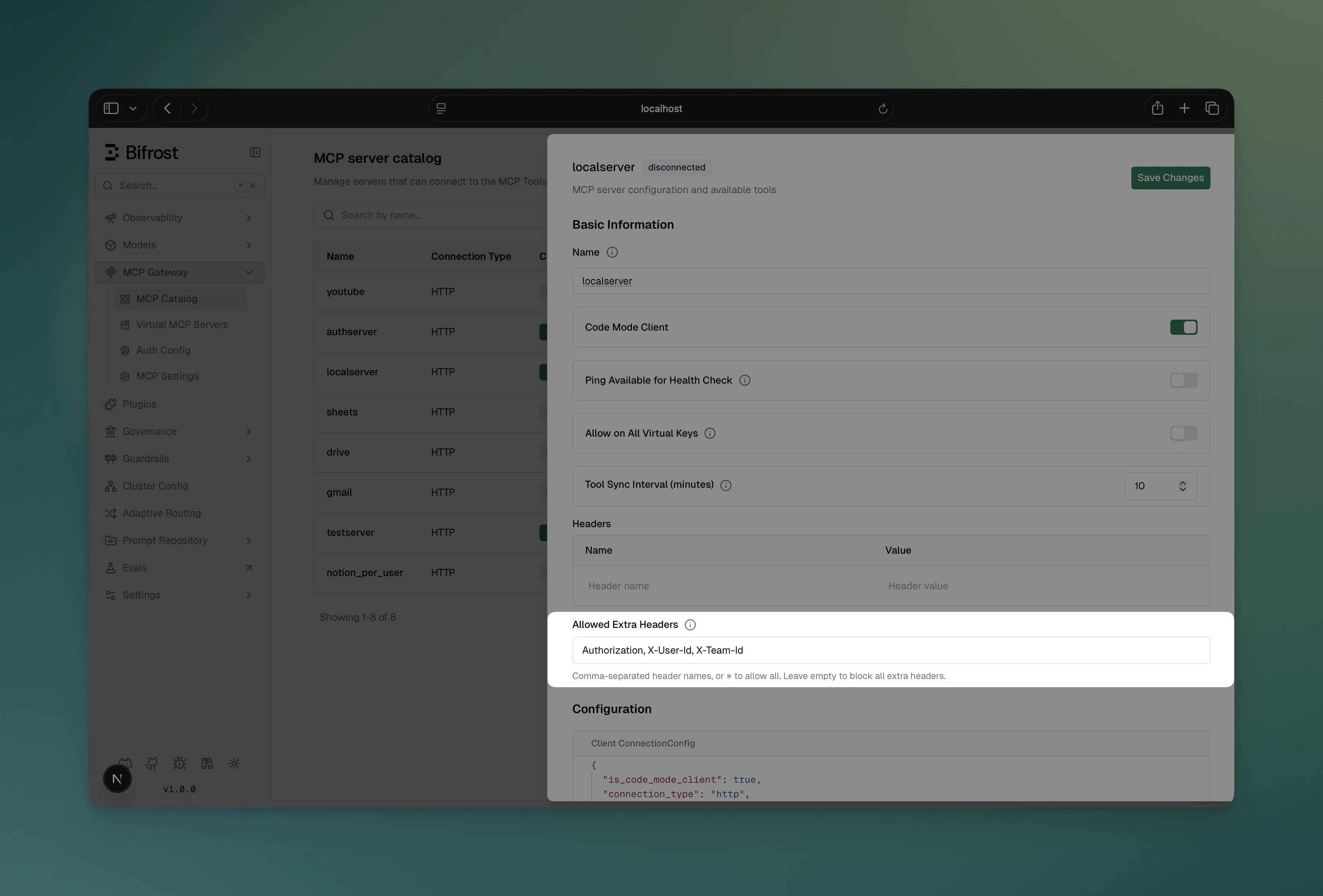 Allowed Extra Headers configuration in the MCP client edit sheet