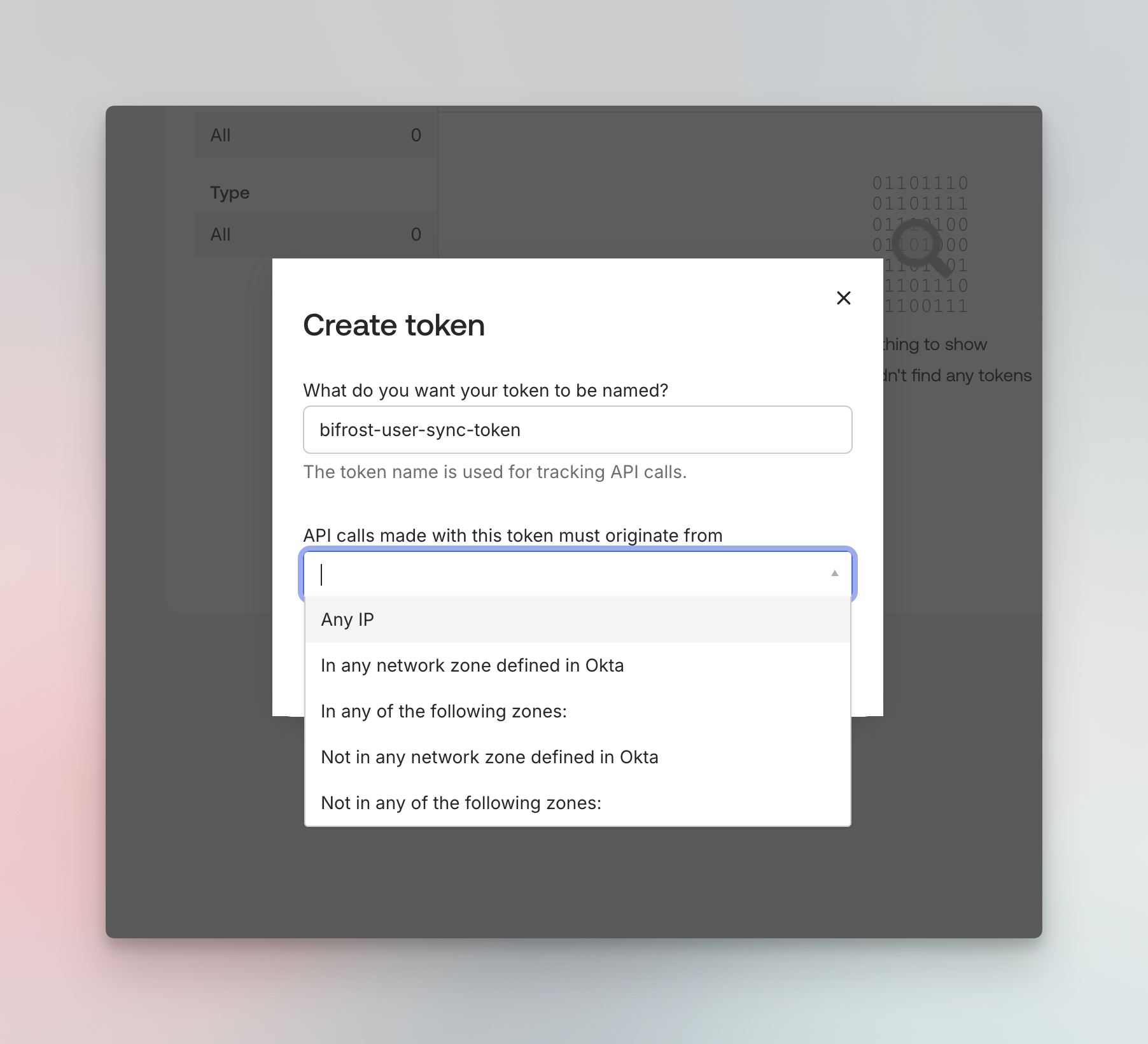 Create token dialog in Okta