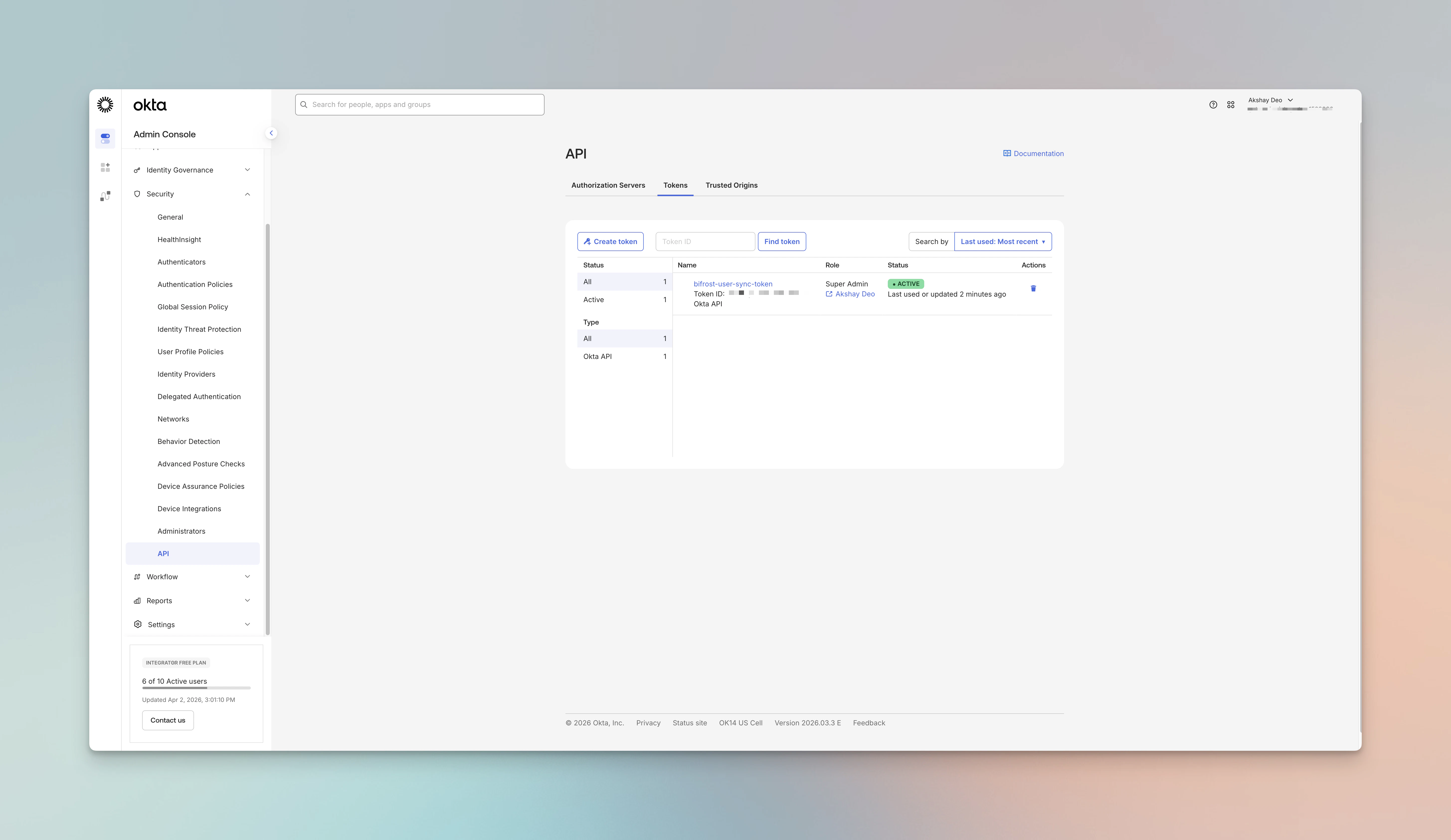 Okta API tokens screen