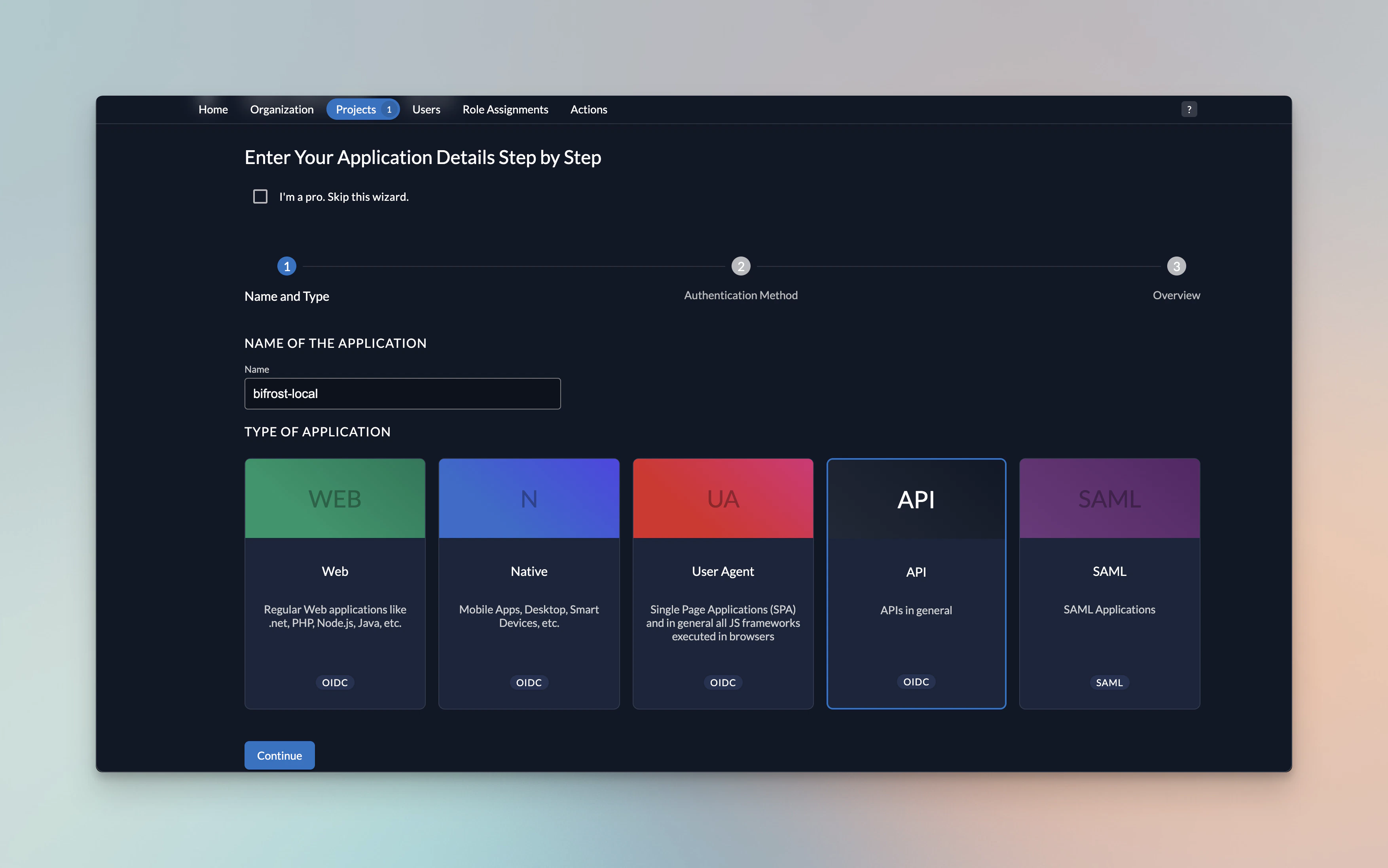 Creating a new application in Zitadel