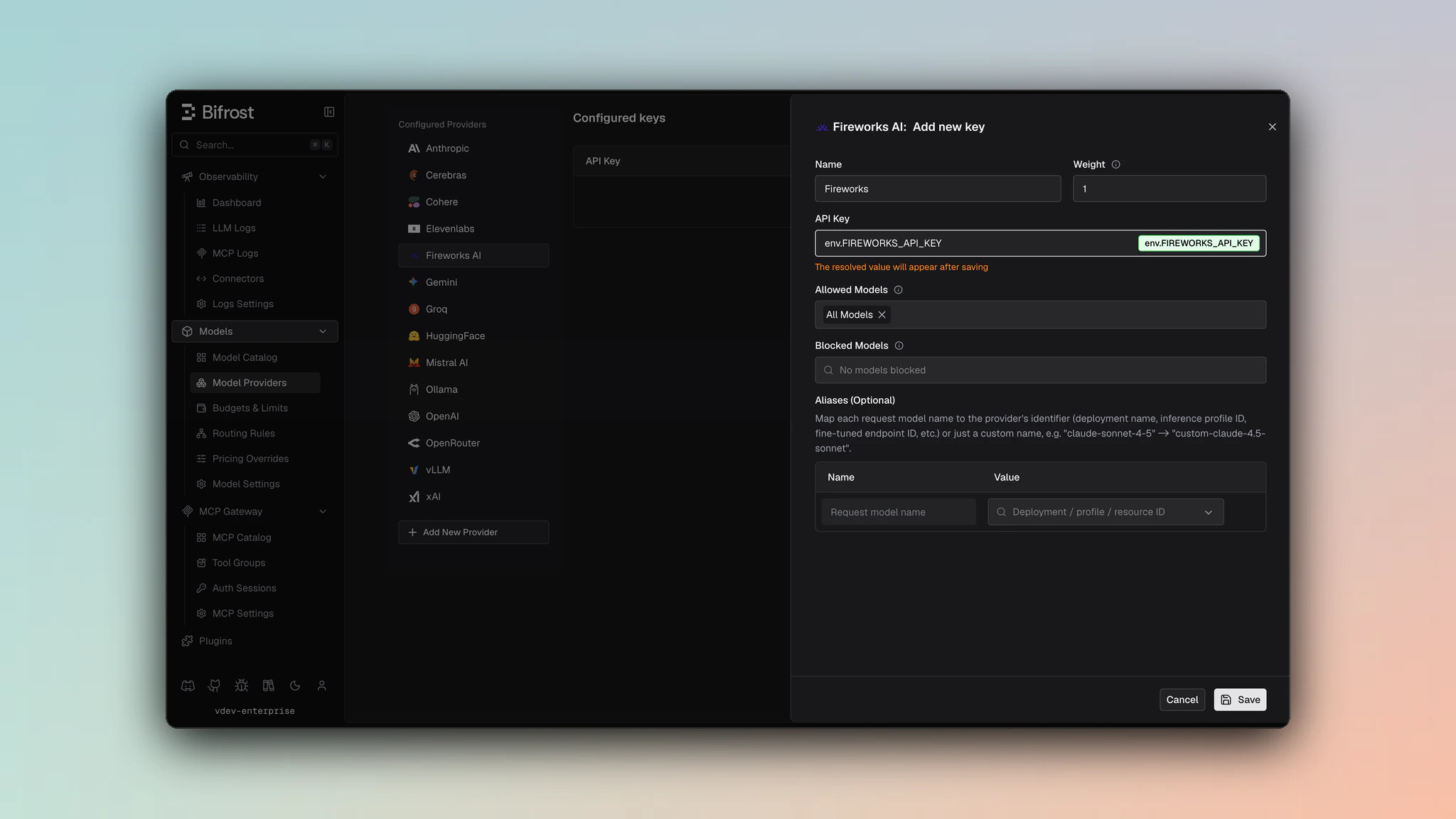Fireworks AI provider dashboard