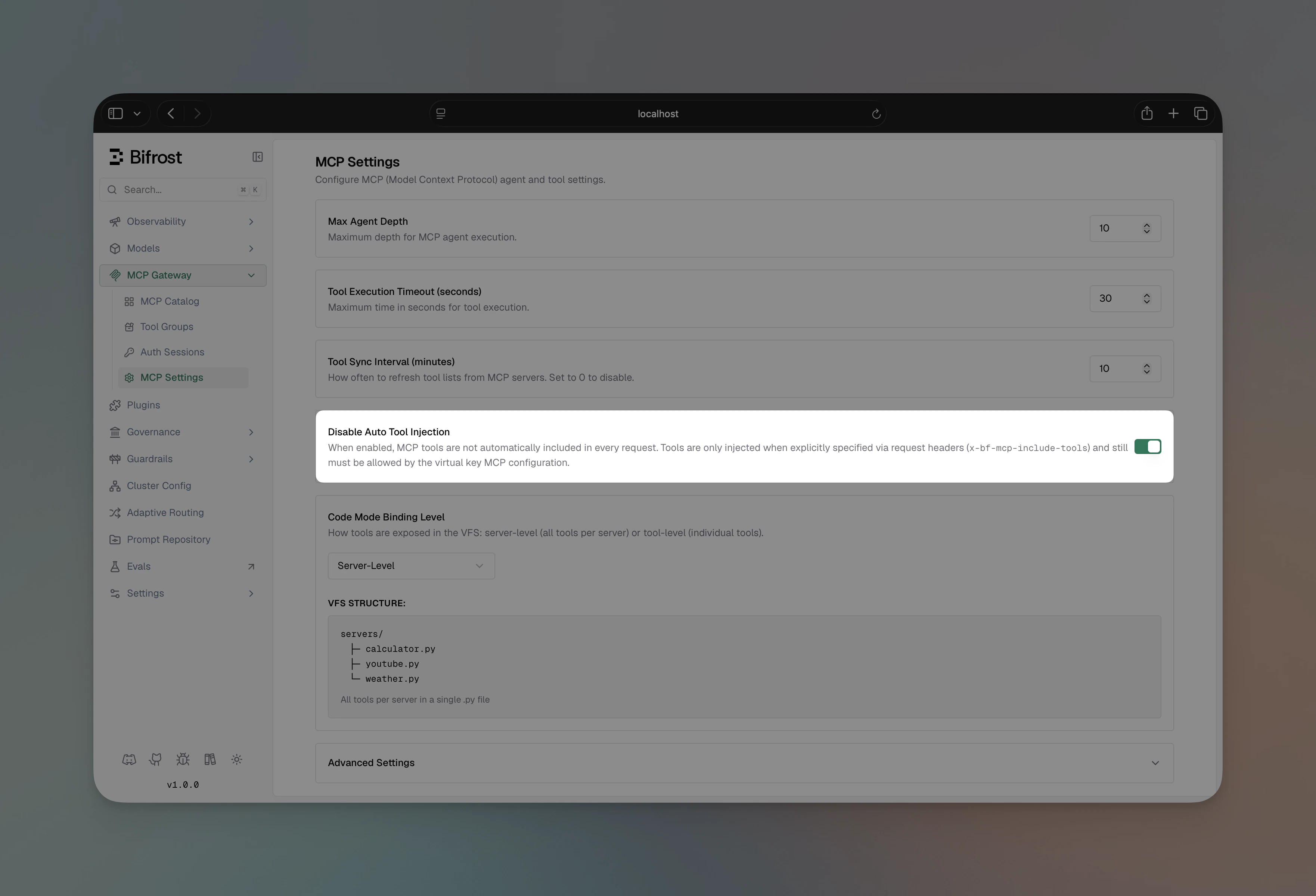 Settings → MCP panel with the Disable Auto Tool Injection toggle highlighted