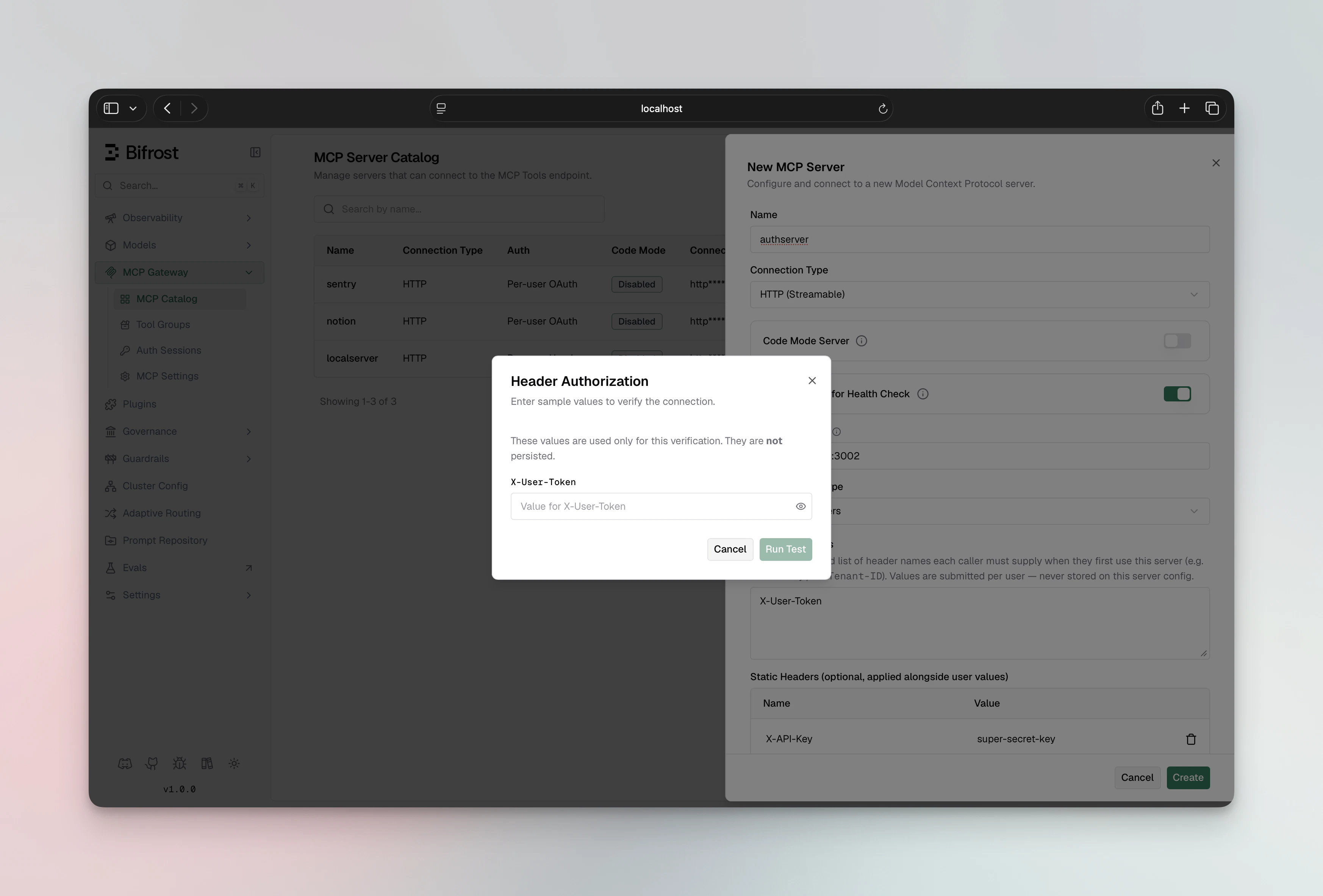 Per-user headers verify dialog asking the admin for sample values before persisting the MCP client