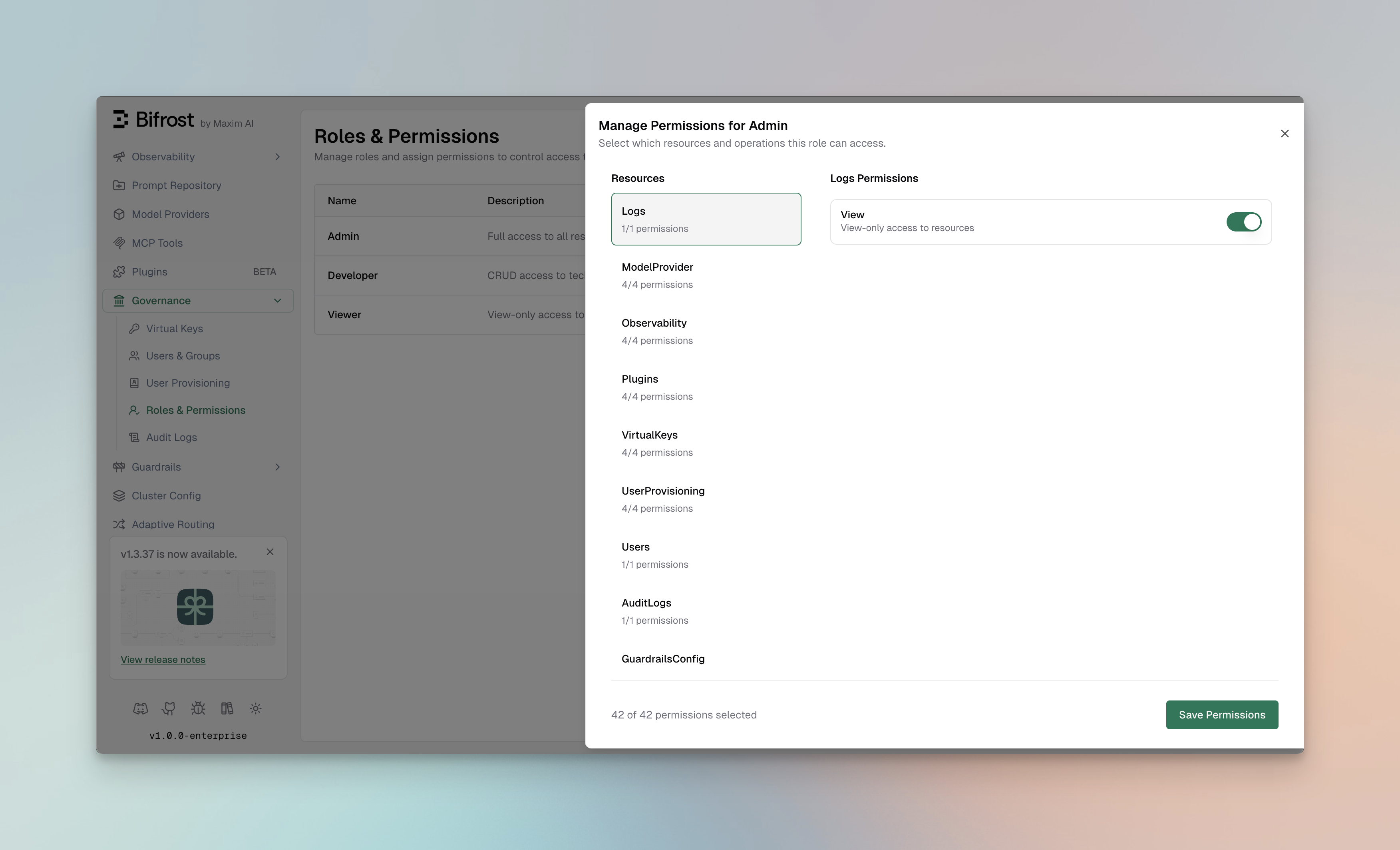 Manage Permissions dialog showing resource-based permission assignment