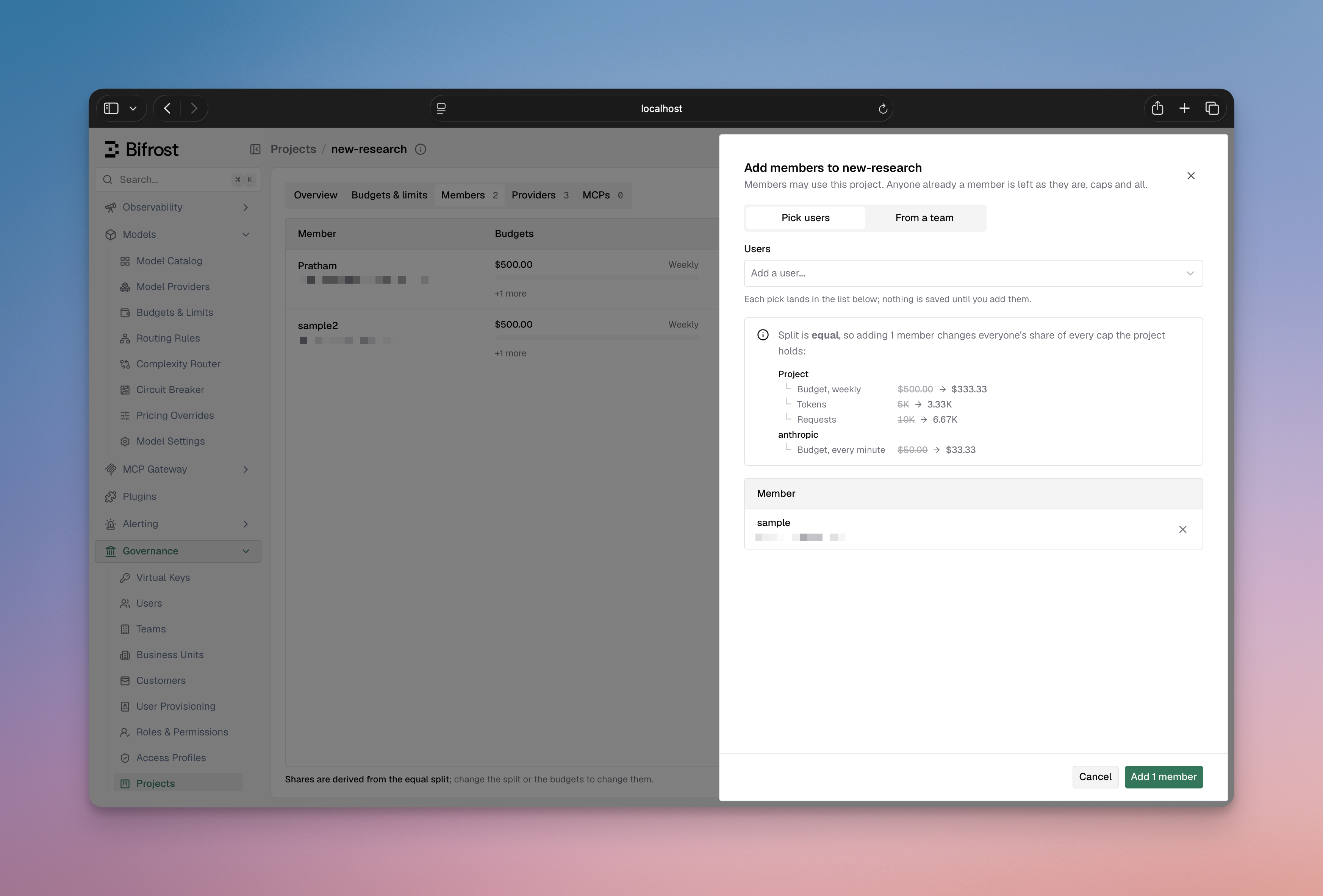 Add members sheet with user picker, team snapshot option and equal-share before-and-after preview